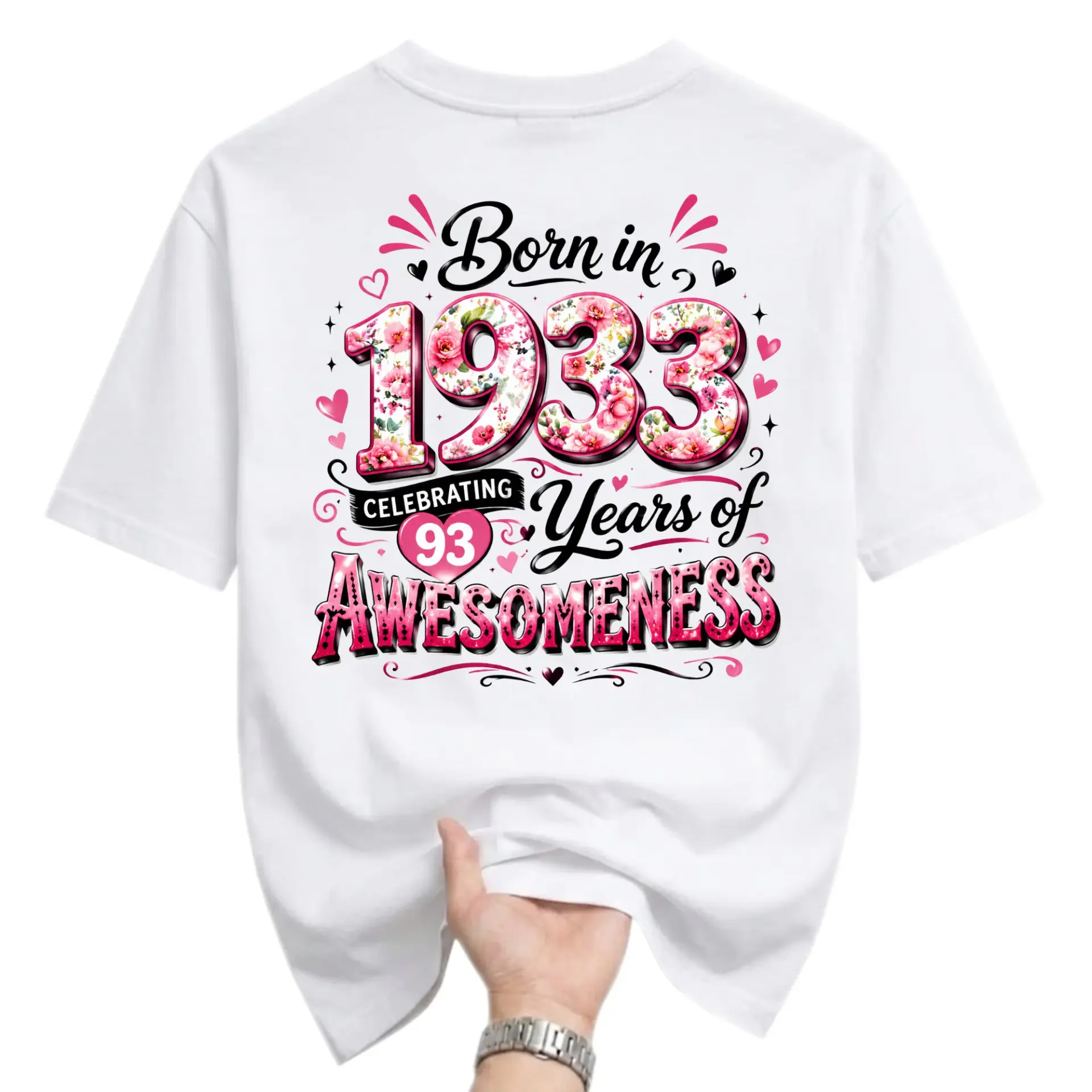 Funny Shirt Born in 1933 Celebrating 93 Years of Awesomeness Graphic Tee Floral Birthday Unisex Casual Crew Neck T-Shirt