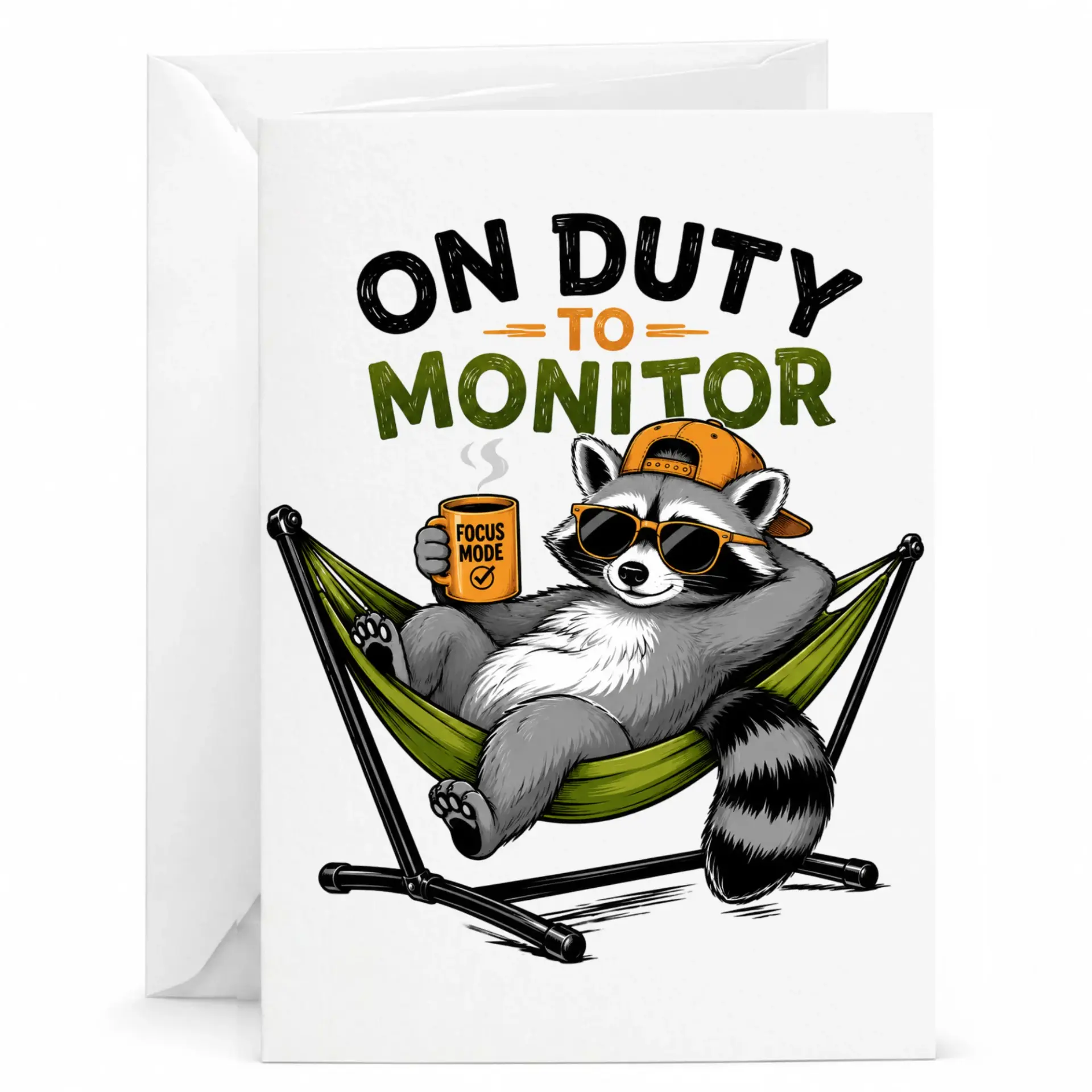 Funny Raccoon Greeting Card on Duty to Relaxing Hammock Illustration for Birthdays or Any Occasion