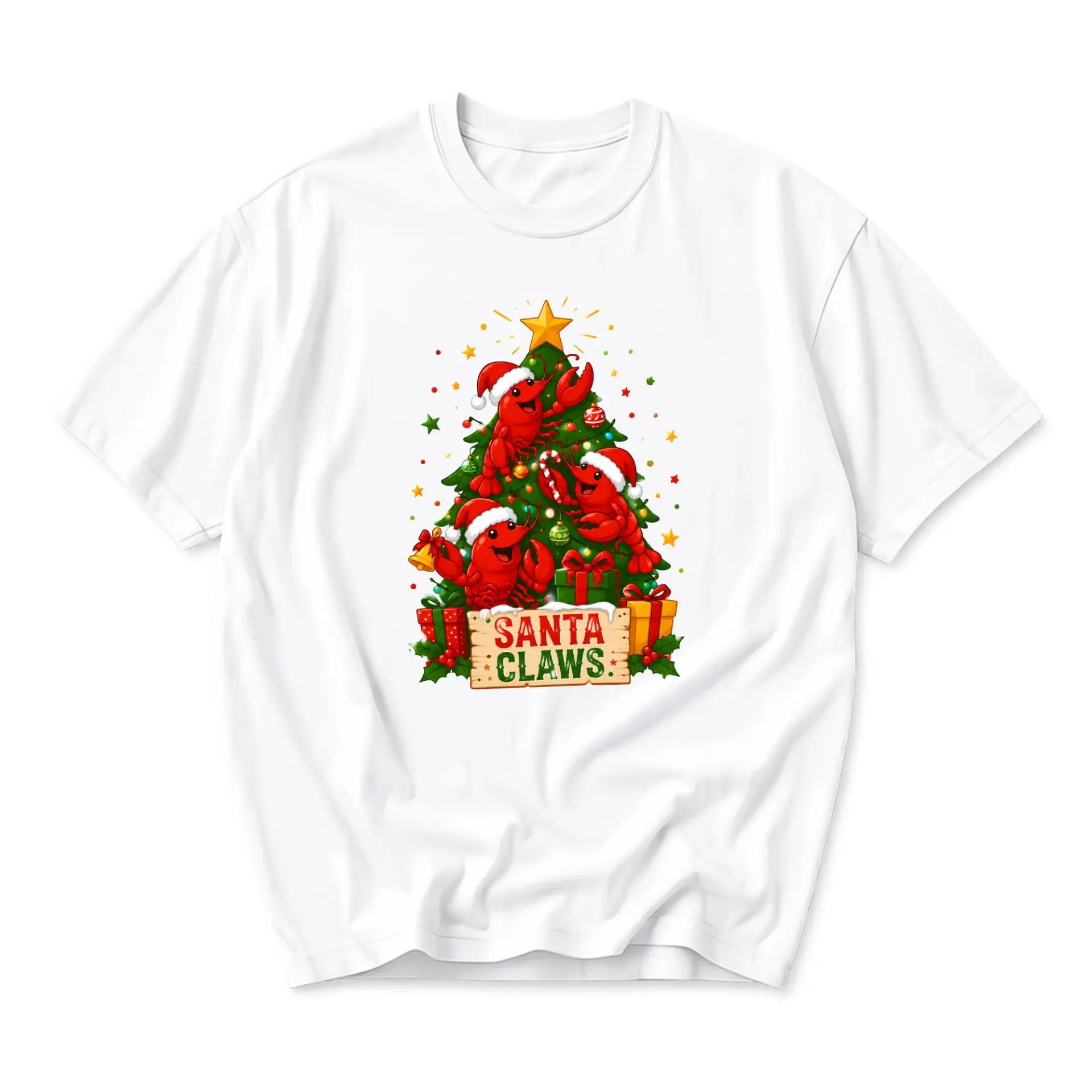Funny Shirt Santa Claws Lobster Christmas Tree Graphic Tee Unisex Crew Neck Short Sleeve Casual Holiday Apparel