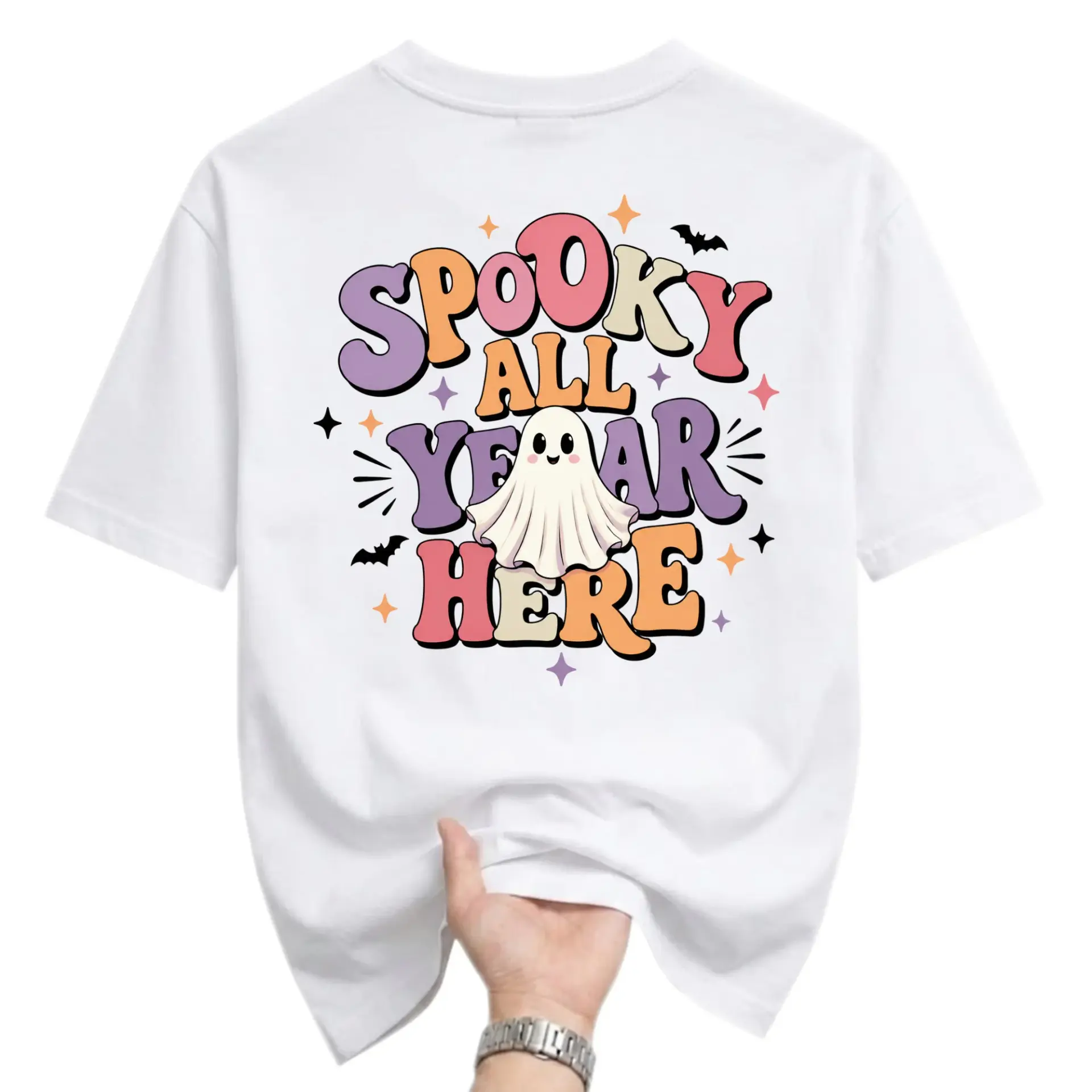 Graphic Tee Spooky All Year Here Retro Ghost Print Unisex Crew Neck Casual Everyday Short Sleeve Cotton Blend T-Shirt