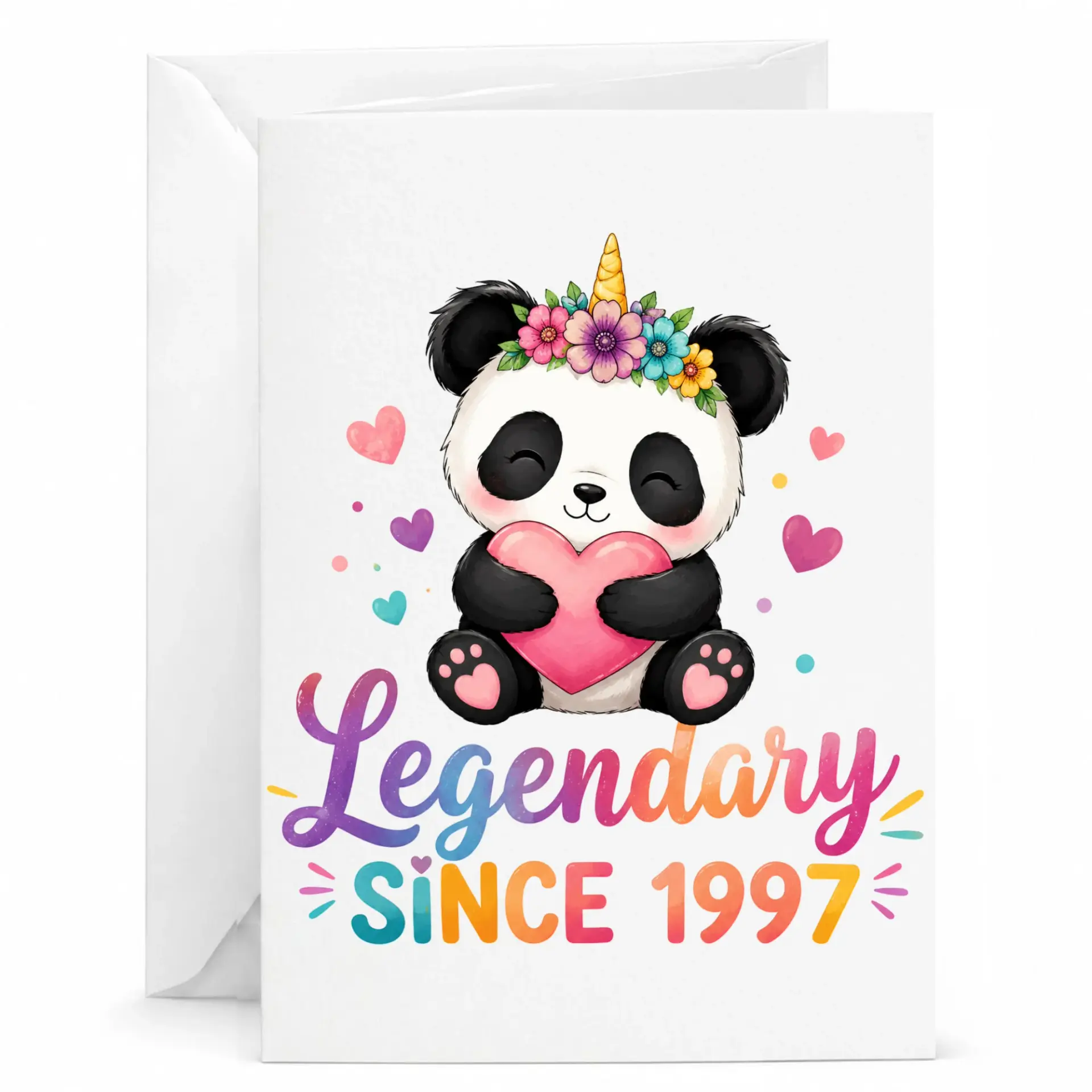 Funny Birthday Card Legendary Since 1997 Greeting Card with Cute Panda Unicorn Illustration and Matching Envelope