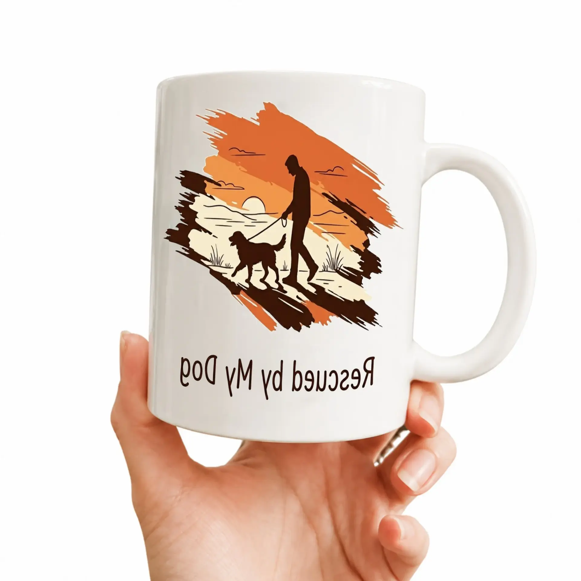 Dog Lover Ceramic Coffee Mug with Rescued by My Graphic Design Featuring a Man Walking His Pet in a Sunset
