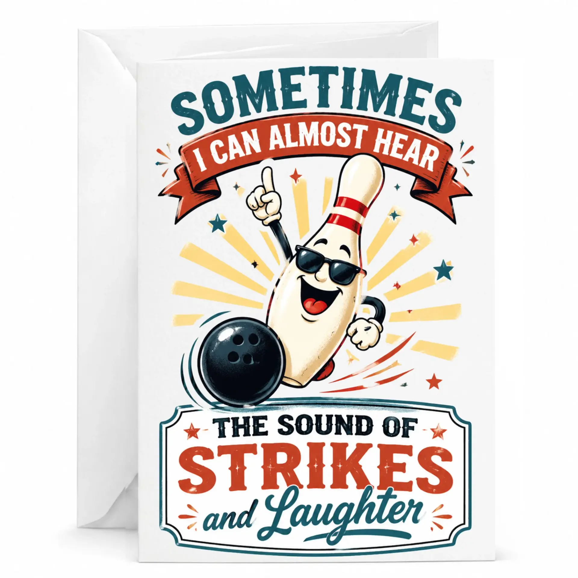 Funny Bowling Greeting Card Sometimes I Can Hear the Sound of Strikes and Laughter Illustration 5x7 Note