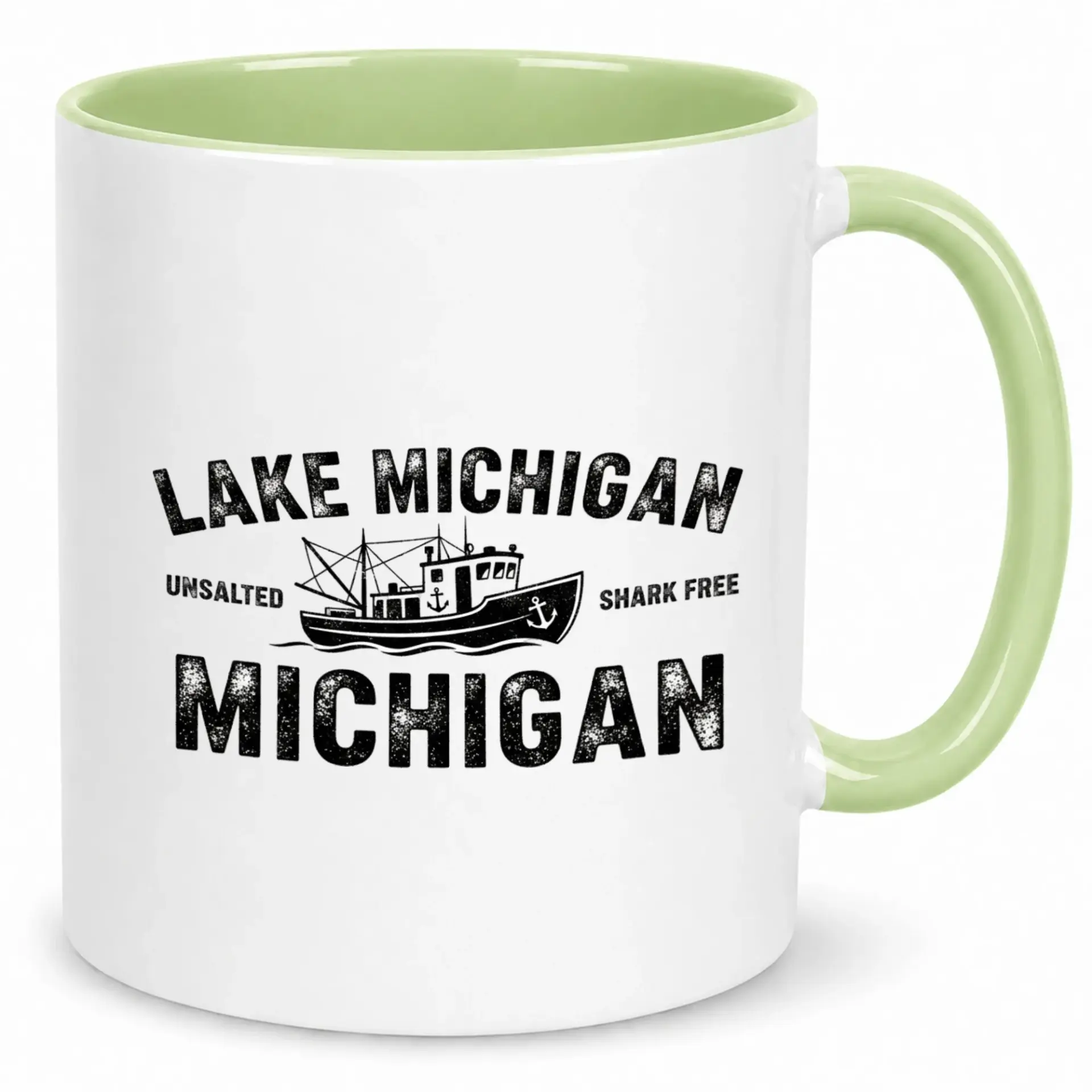Funny Lake Michigan Ceramic Coffee Mug, Unsalted Shark Free Fishing Boat Design, Unique Great Lakes Drinkware Gift