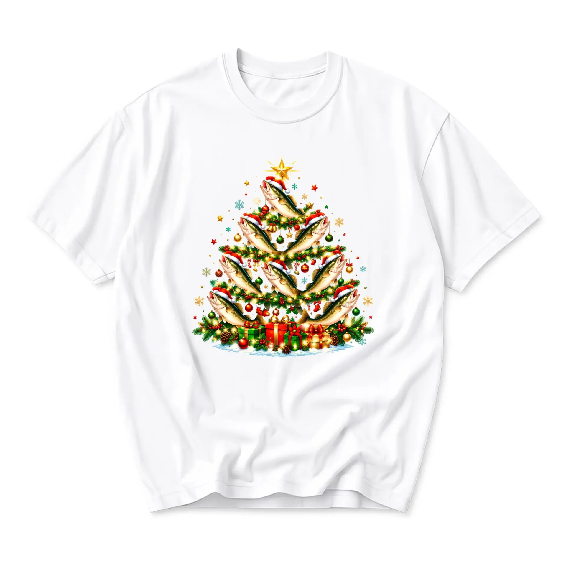 Funny Shirt Fishing Christmas Tree Graphic Tee Unisex Crew Neck Short Sleeve Casual Holiday Apparel for Anglers