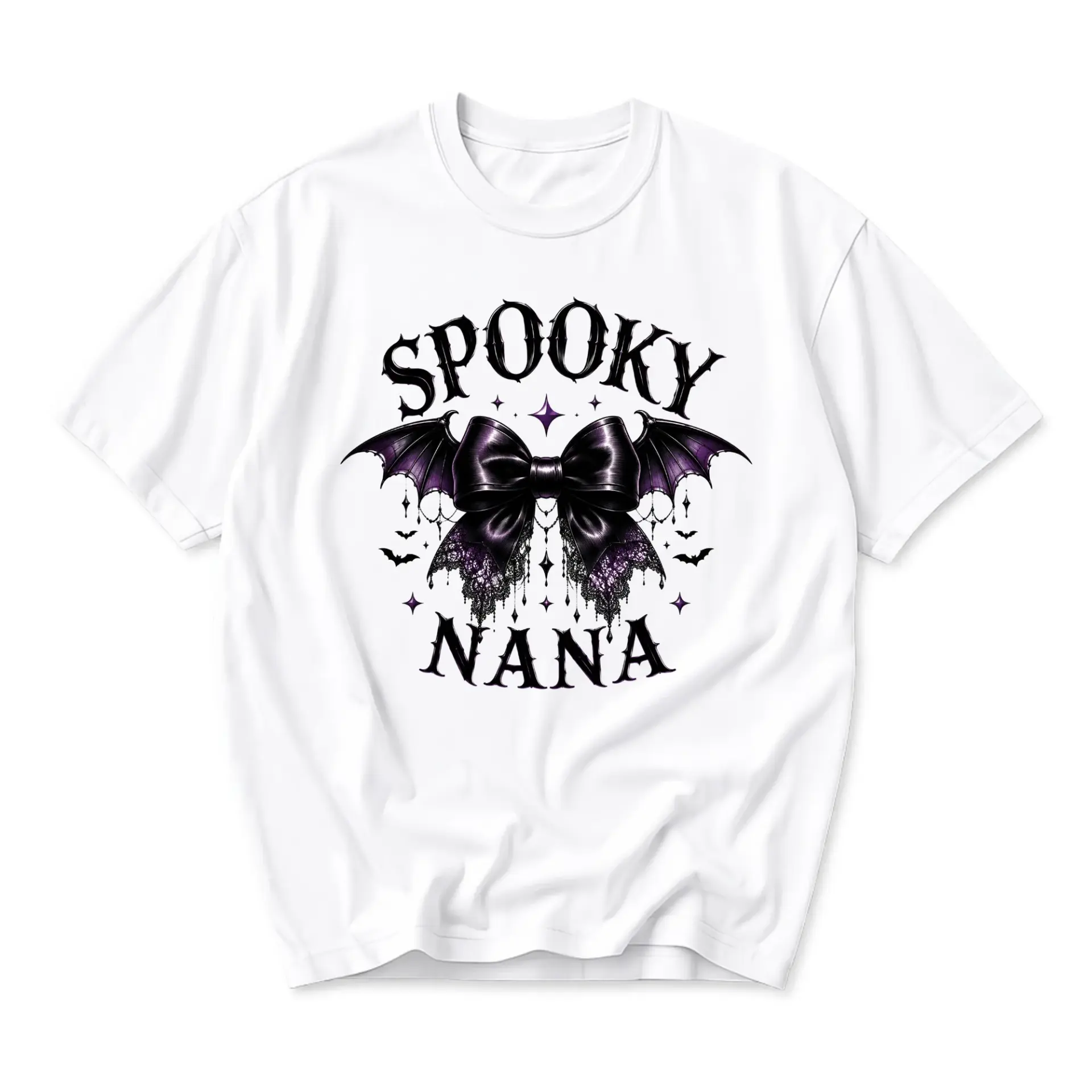 Graphic Tee Spooky Nana Bat Wing Bow Design Unisex Cotton Crew Neck Casual Short Sleeve Shirt for Everyday Wear