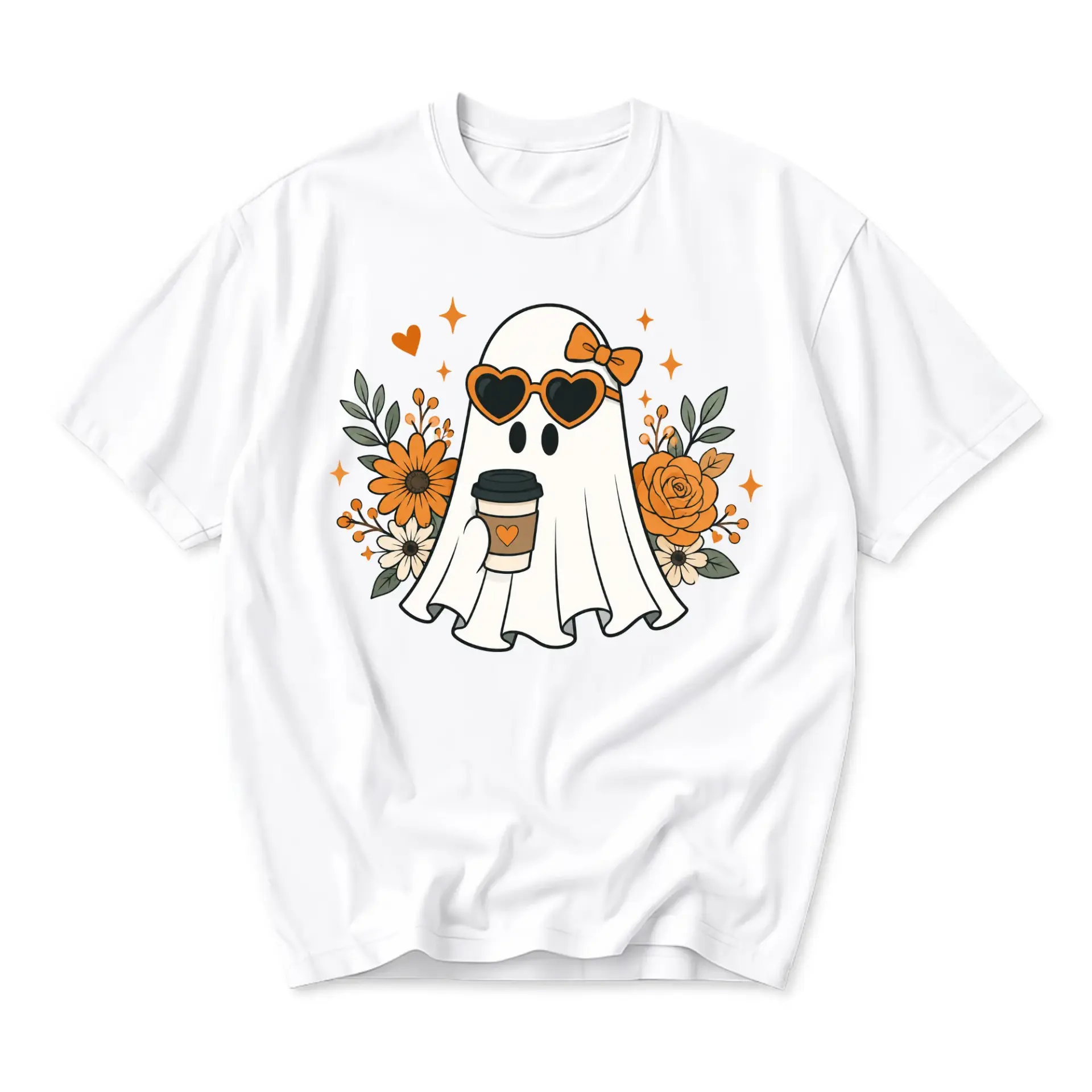 Graphic Tee Unisex Ghost with Coffee and Floral Accents Crew Neck Casual Shirt for Everyday Comfort and Style