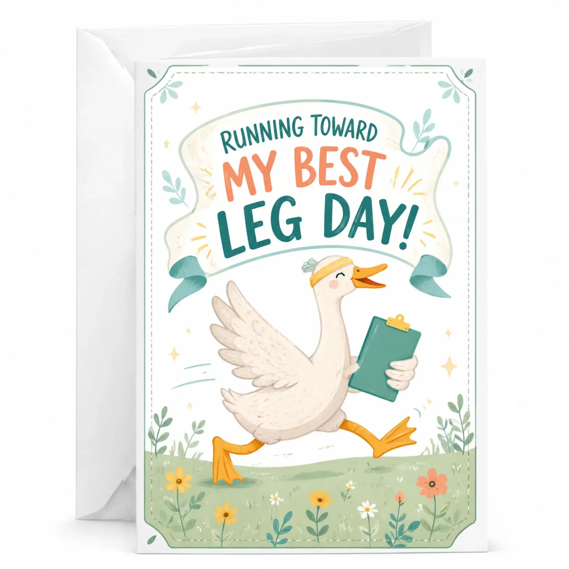 Funny Greeting Card Running Toward My Best Leg Day Featuring Cute Duck Illustration for Fitness Fans and Gym Enthusiasts