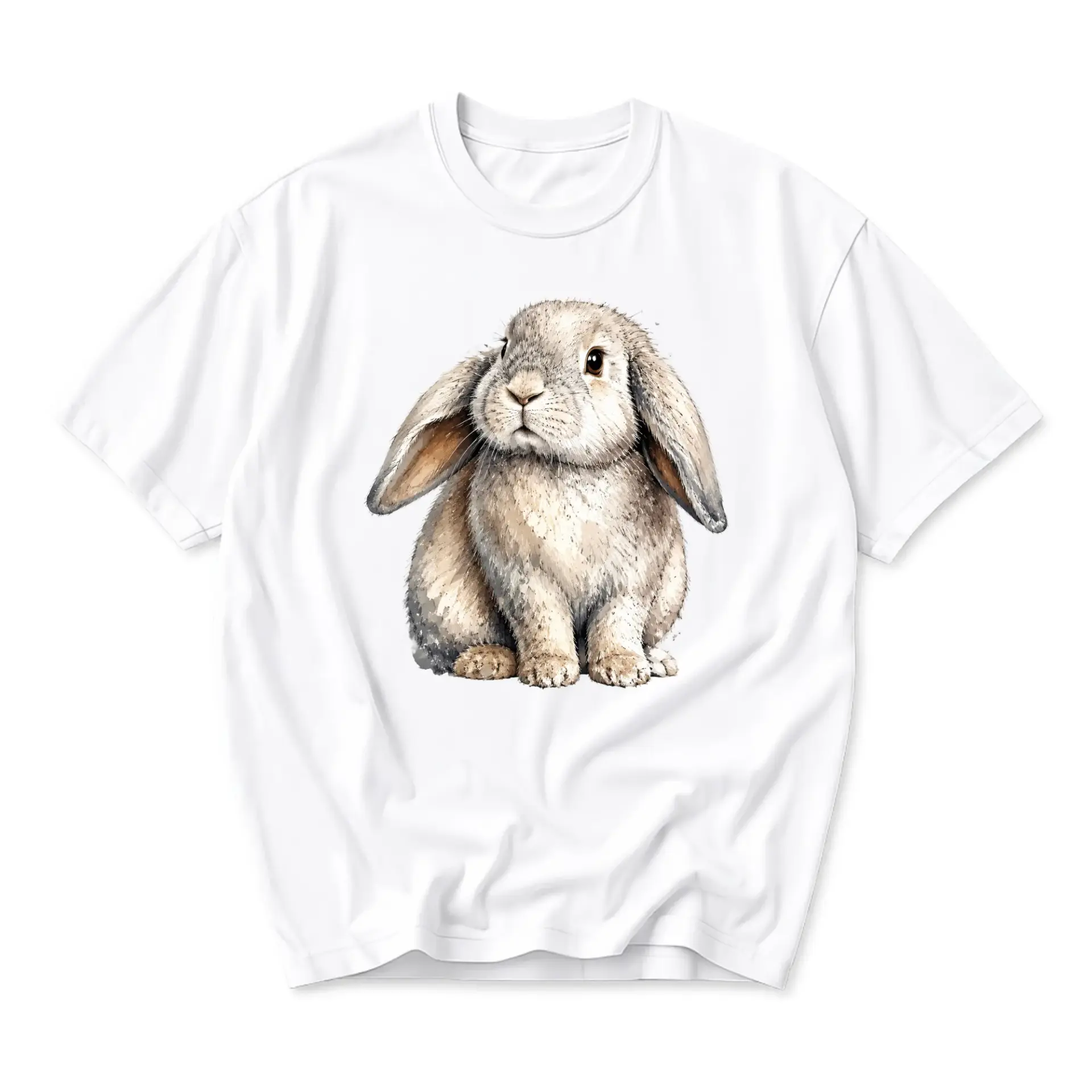 Graphic Tee Unisex Crew Neck T-Shirt Featuring a Realistic Watercolor Style Lop Eared Rabbit Illustration Print