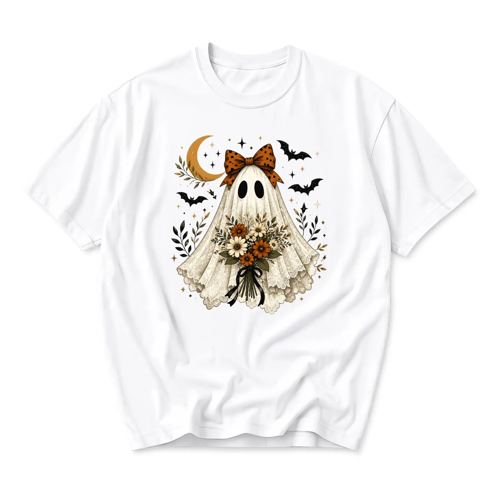 Graphic Tee Ghost Holding Autumn Floral Bouquet Spooky Season Aesthetic Unisex Casual Crew Neck T-Shirt for Adults