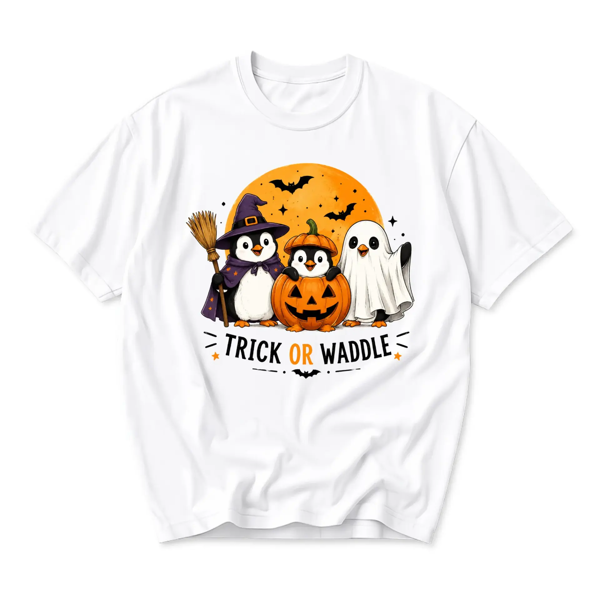 Funny Shirt Trick or Waddle Penguin Halloween Graphic Tee Cute Fall Season Unisex Casual Crew Neck Comfortable Top