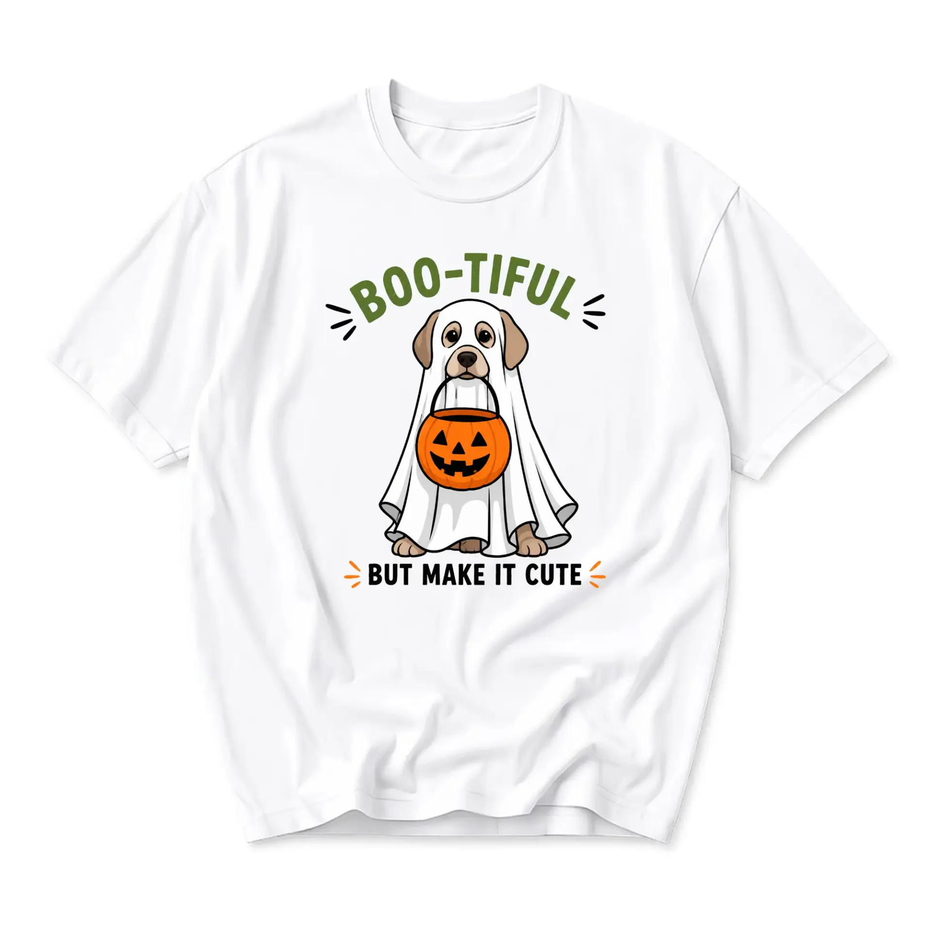 Funny Shirt Boo-Tiful but Make It Cute Graphic Tee Featuring a Halloween Dog in a Ghost Costume for Casual Wear