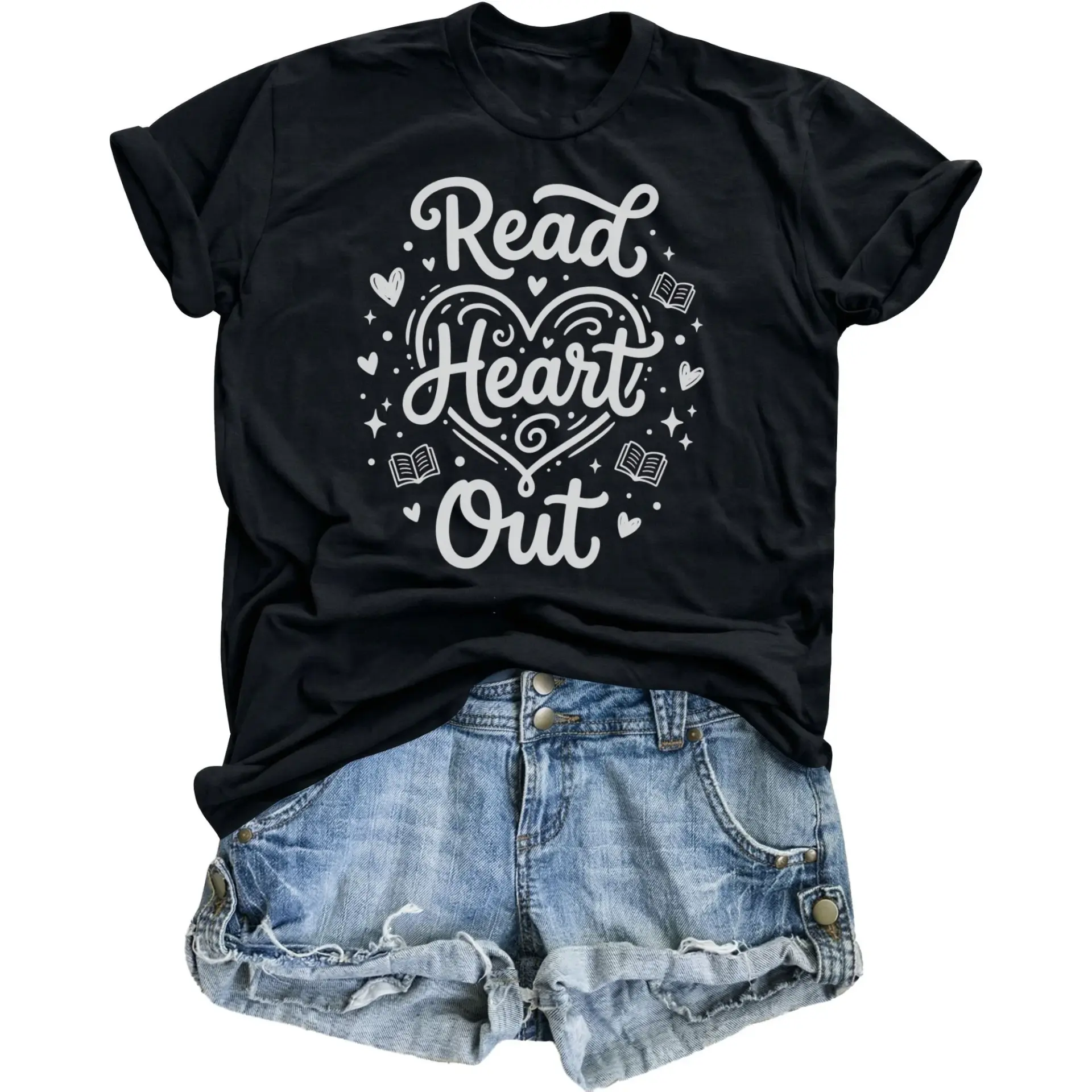 Graphic Tee Read Heart Out Inspirational Book Lover Shirt Unisex Casual Cotton Crew Neck Top for Daily Outfit Apparel