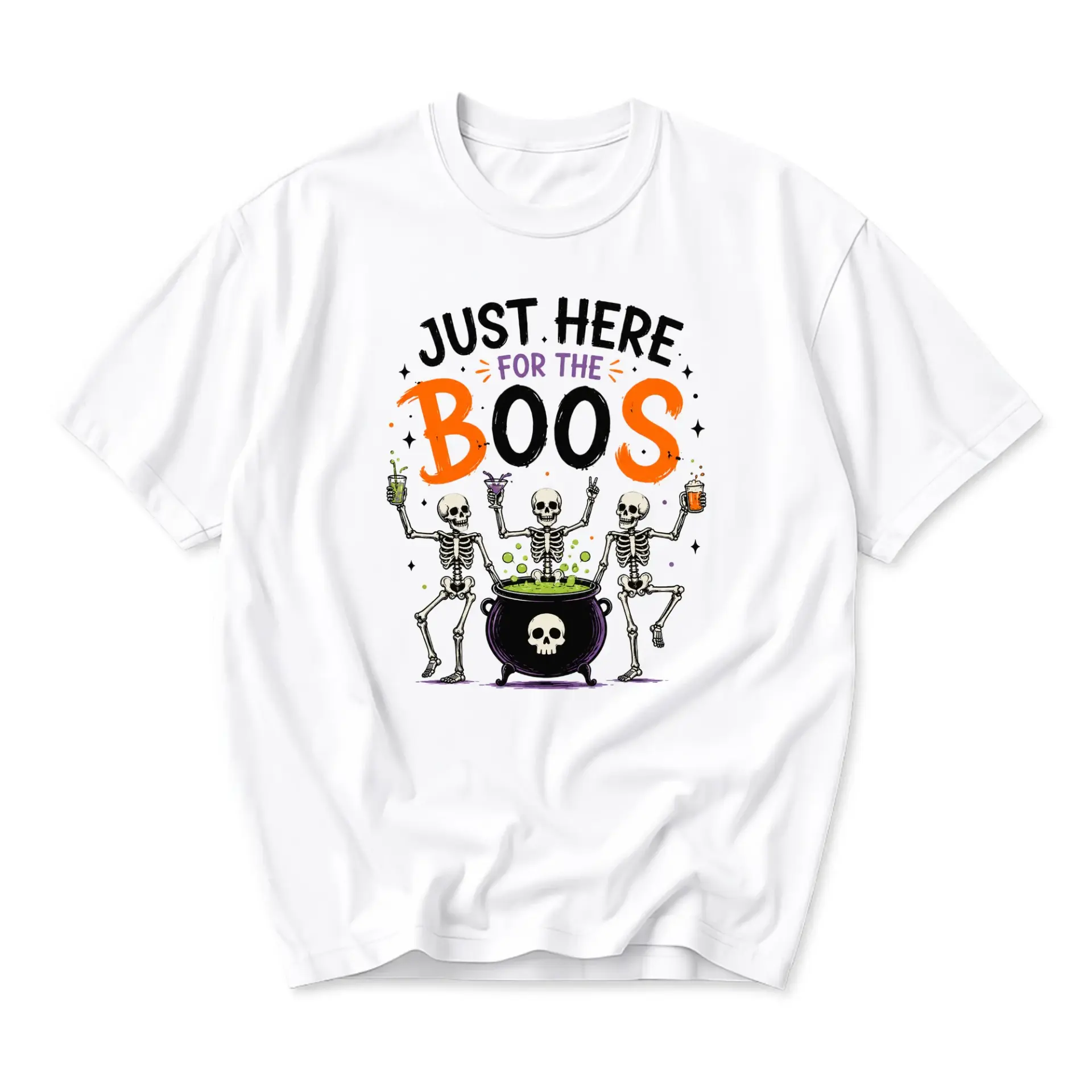 Funny Shirt Just Here for the Boos Skeleton Graphic Tee Unisex Cotton Casual Crew Neck Short Sleeve Top for Adults