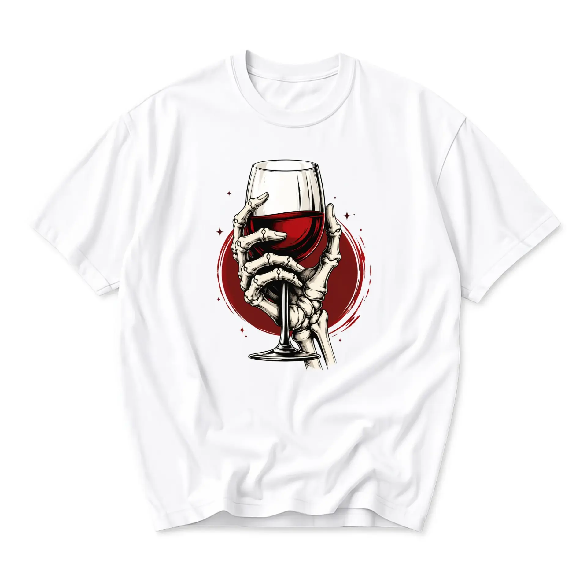 Graphic Tee Skeleton Hand Holding Wine Glass Unisex Crew Neck Casual Everyday Shirt for Men and Women White