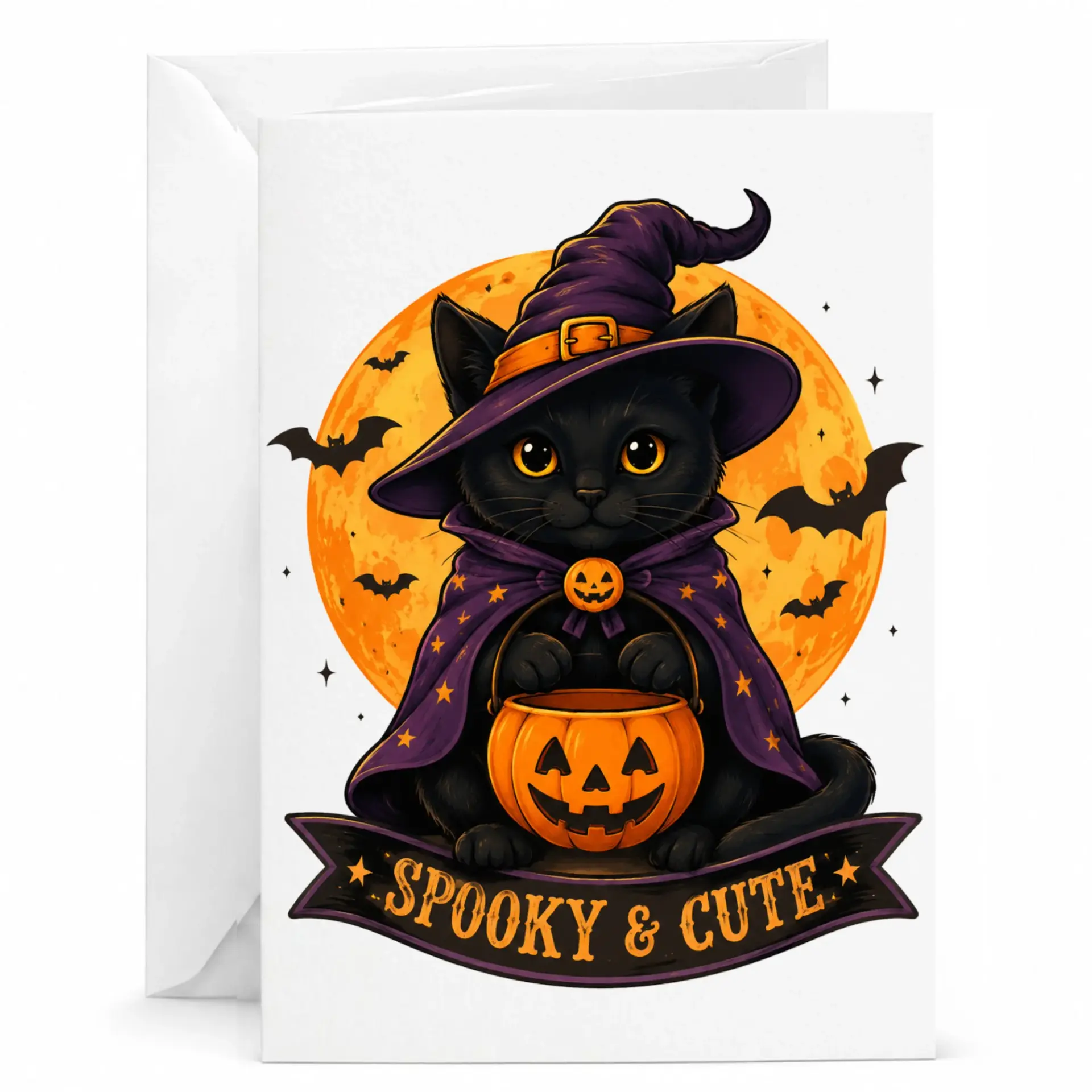 Funny Cat Greeting Card Spooky and Cute Halloween Theme Featuring a Black Kitten in a Witch Hat Holding a Pumpkin