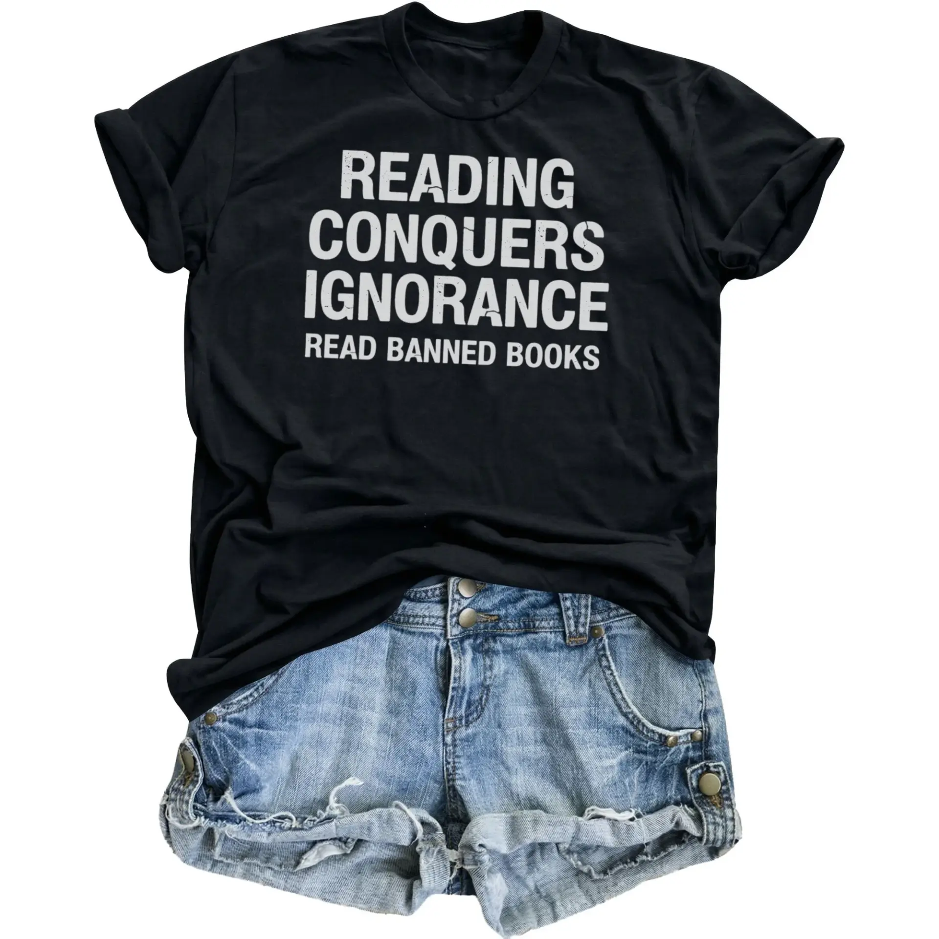 Graphic Tee Reading Conquers Ignorance Unisex T-Shirt Comfortable Cotton Casual Literary Quote Printed Apparel