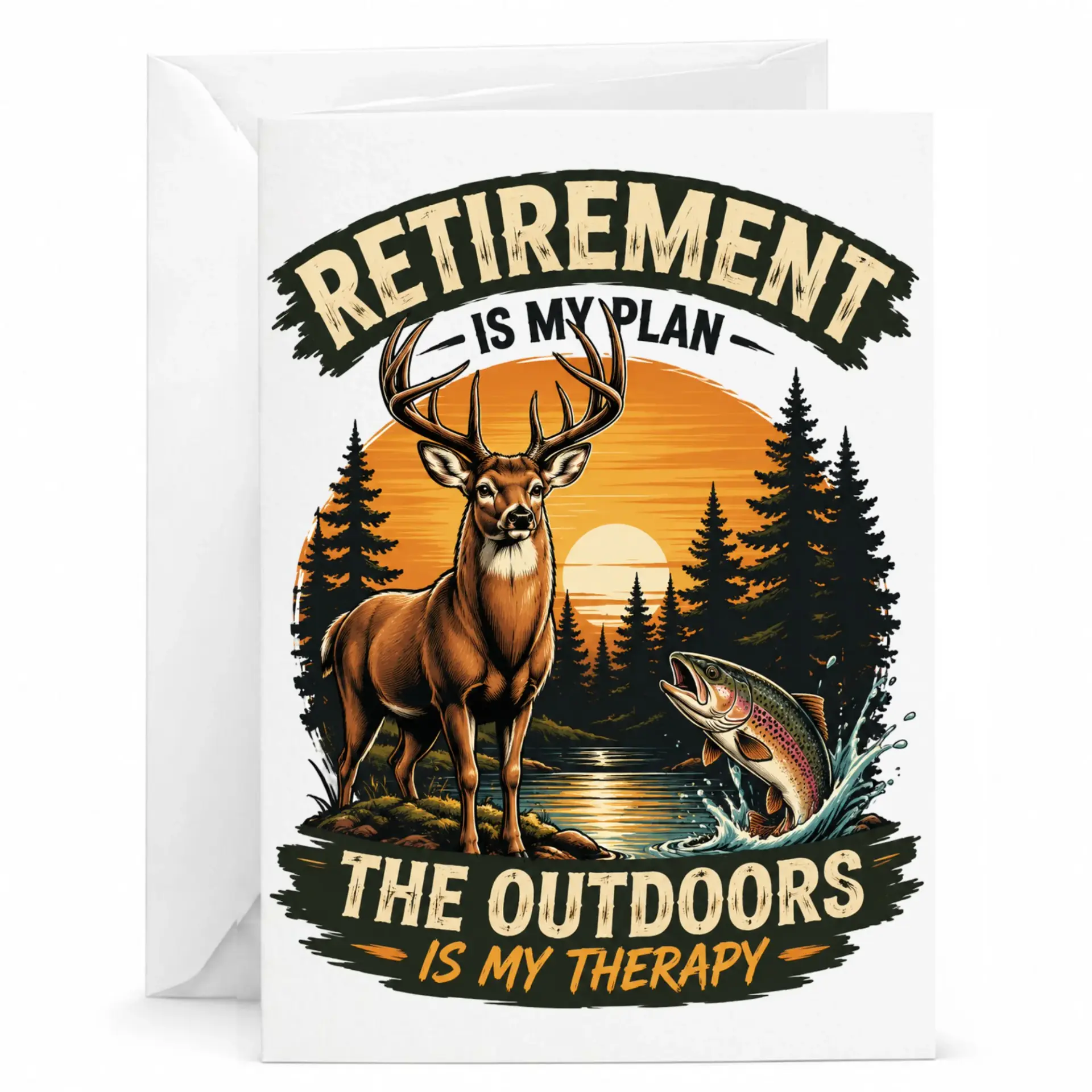 Greeting Card Retirement Is My Plan the Outdoors Is My Therapy Nature Fishing Deer Themed Professional Stationery