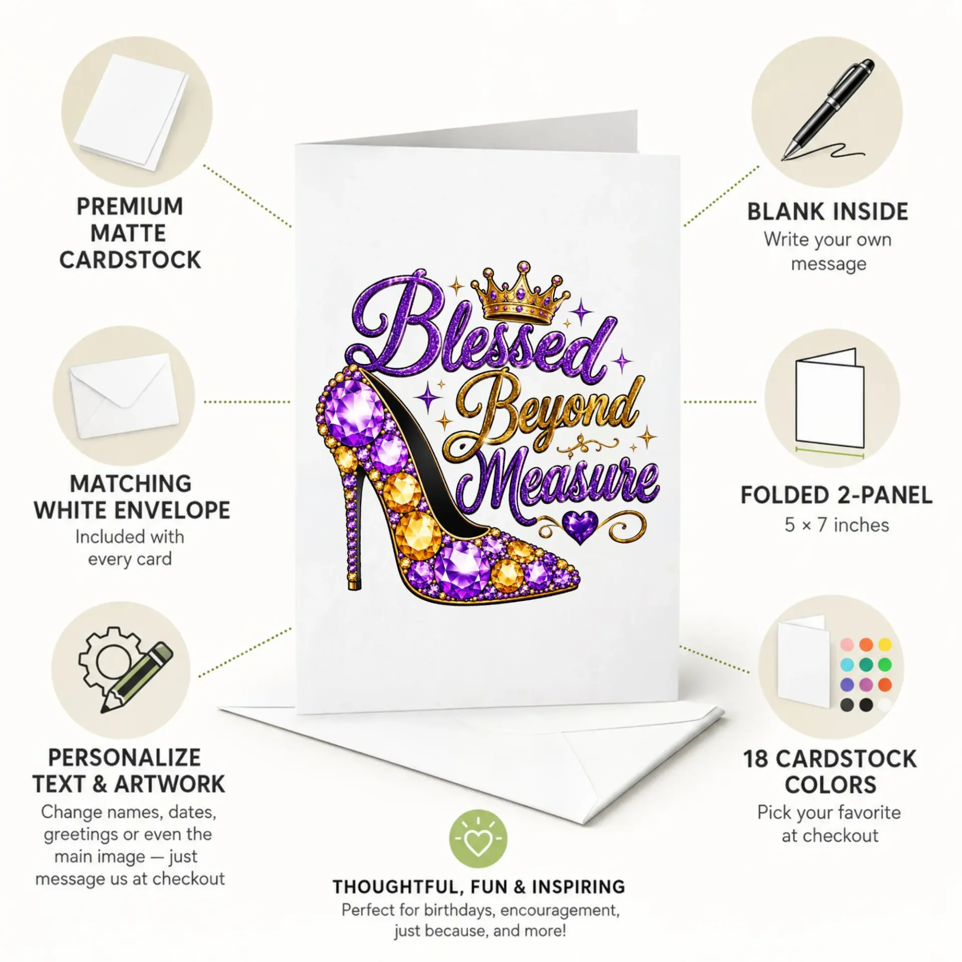 Blessed Beyond Measure Greeting Card with Matching Envelope, Elegant Jeweled High Heel Shoe and Golden Crown Illustration