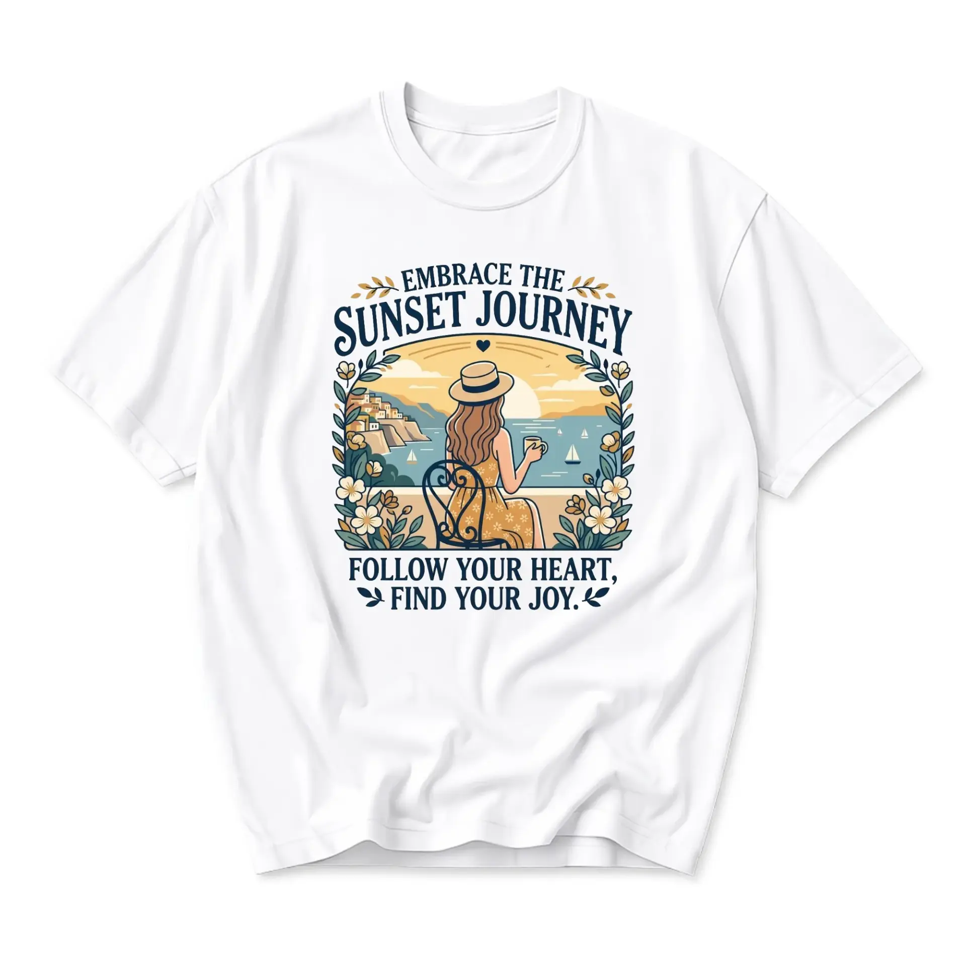 Graphic Tee Sunset Journey Inspirational Quote Art Unisex Crew Neck Casual Everyday Shirt for Men and Women