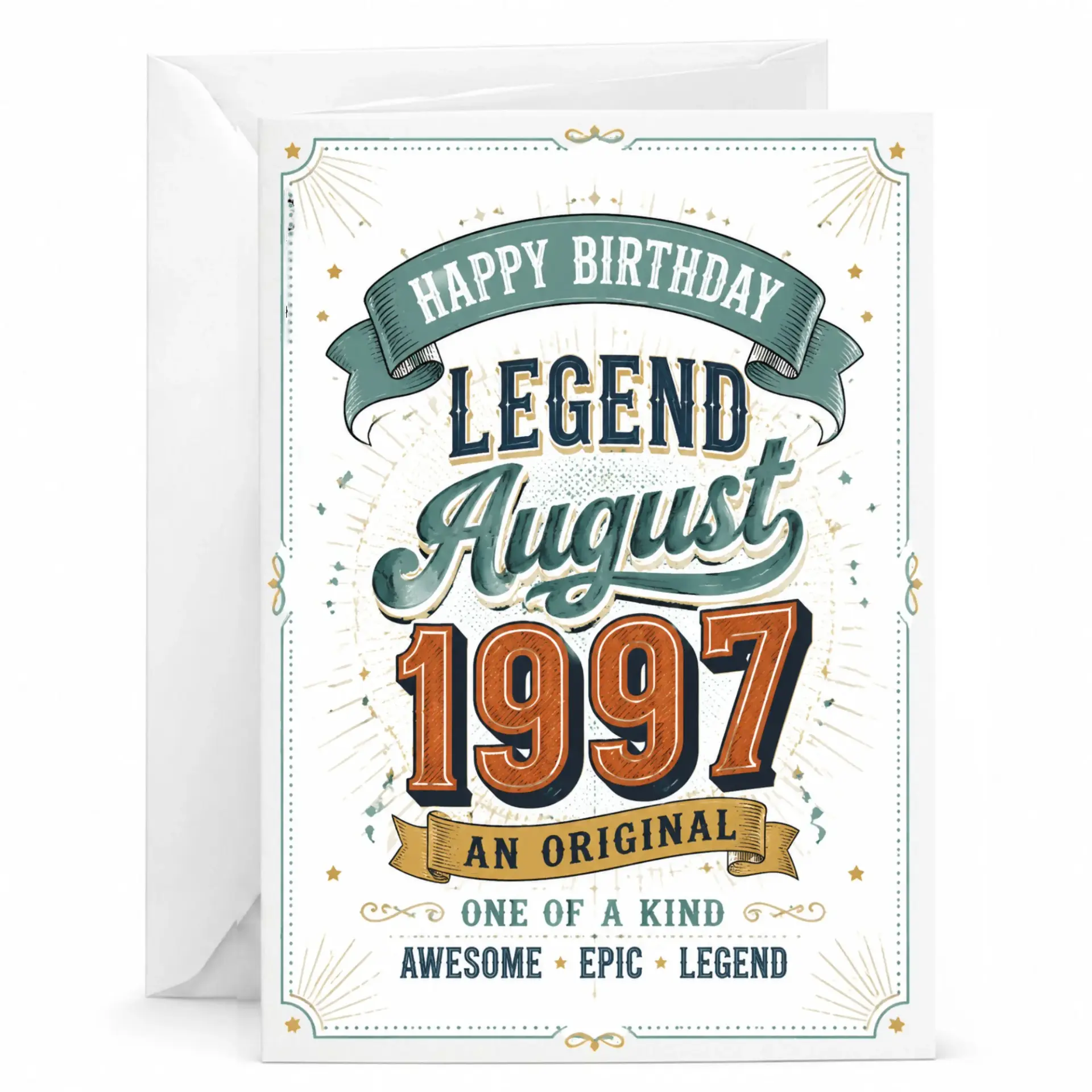 Birthday Card for August 1997 Legend Vintage Style Greeting Card for Milestone Birthday Celebration with Matching Envelope