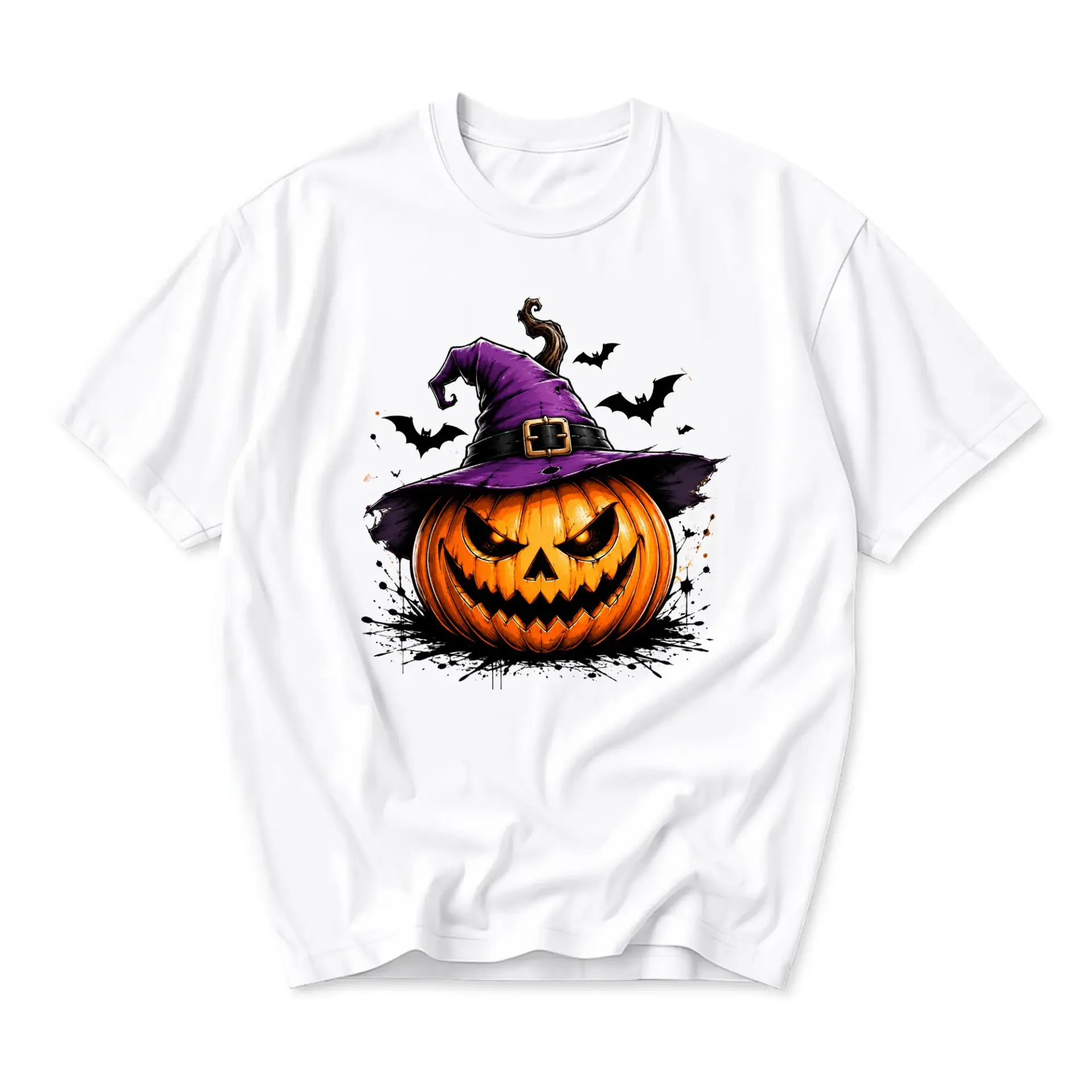 Graphic Tee Unisex Halloween Shirt Featuring a Spooky Jack O Lantern Wearing a Witch Hat with Bats Seasonal Apparel