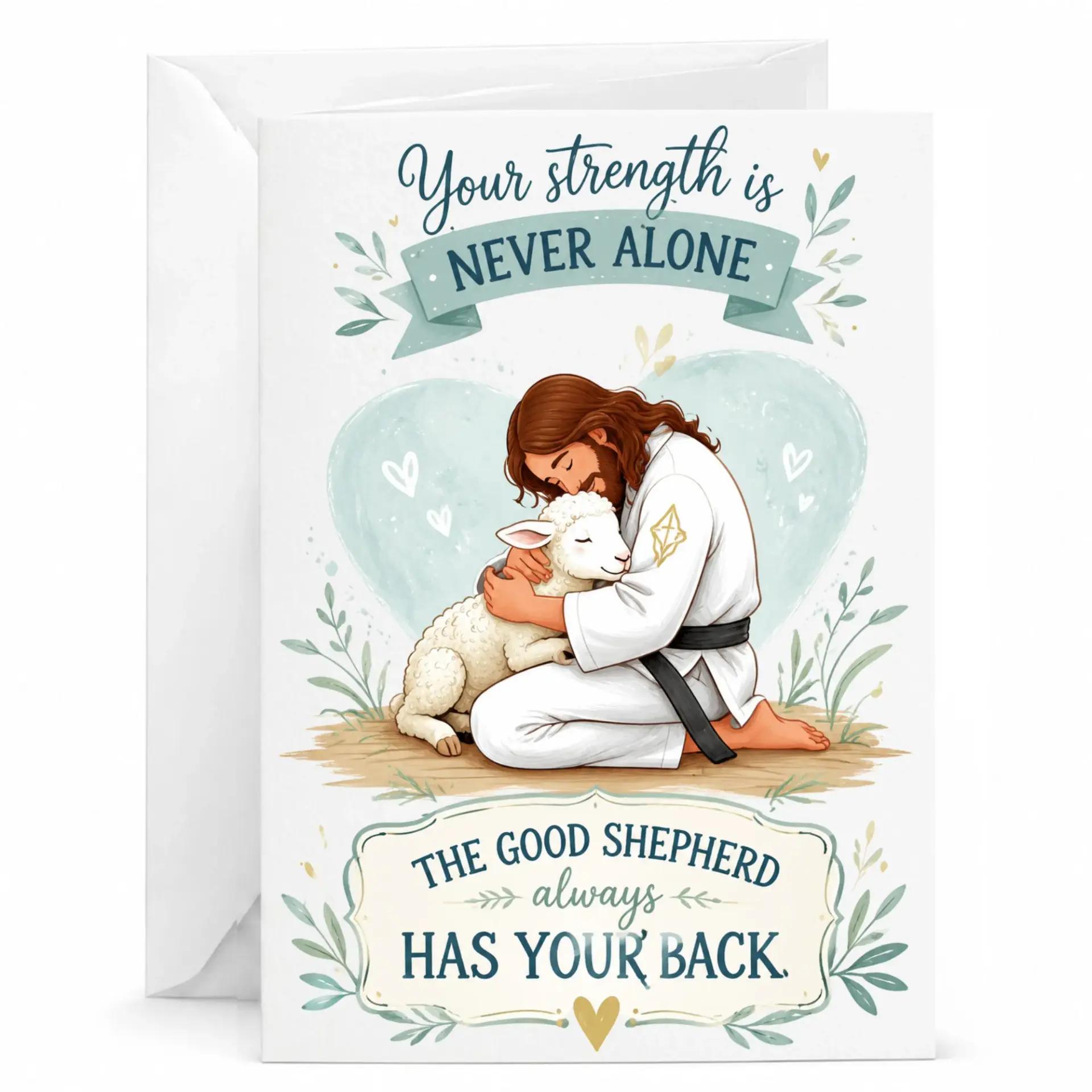 Inspirational Greeting Card Featuring Martial Artist Shepherd and Lamb Illustration for Encouragement and Support