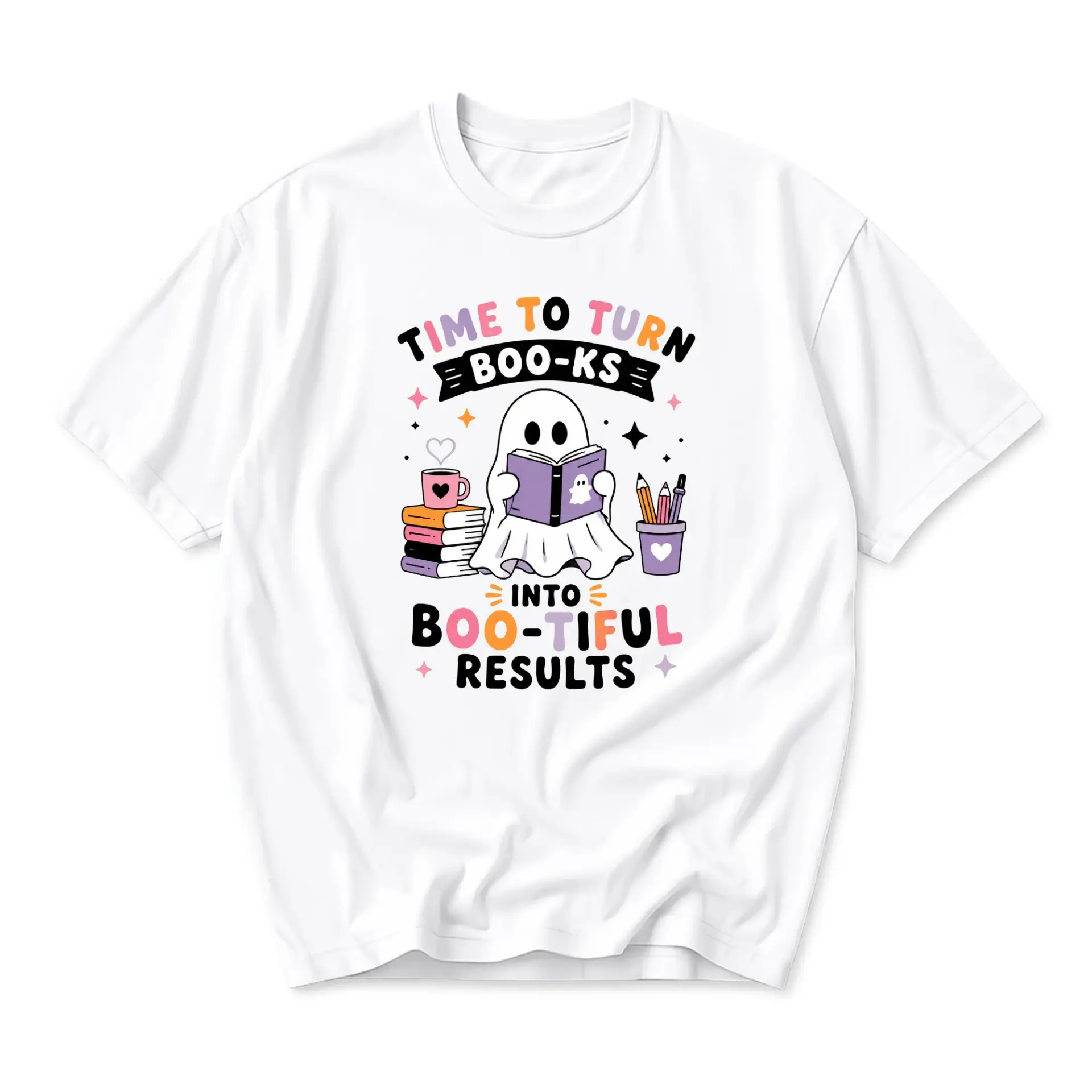 Funny Shirt Time to Turn Boo-Ks into Boo-Tiful Results Ghost Reading Graphic Printed Unisex Crew Neck Casual Tee
