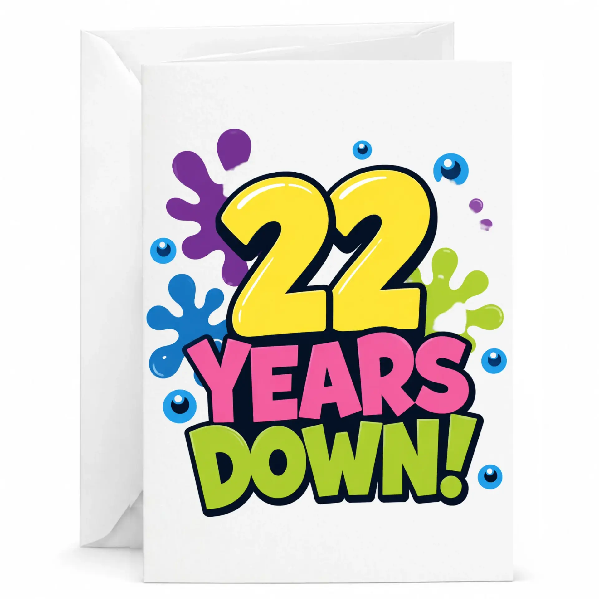 Birthday Card 22 Years Down Funny Colorful Splatter Design Printed Anniversary Greeting Card for Milestone Celebration