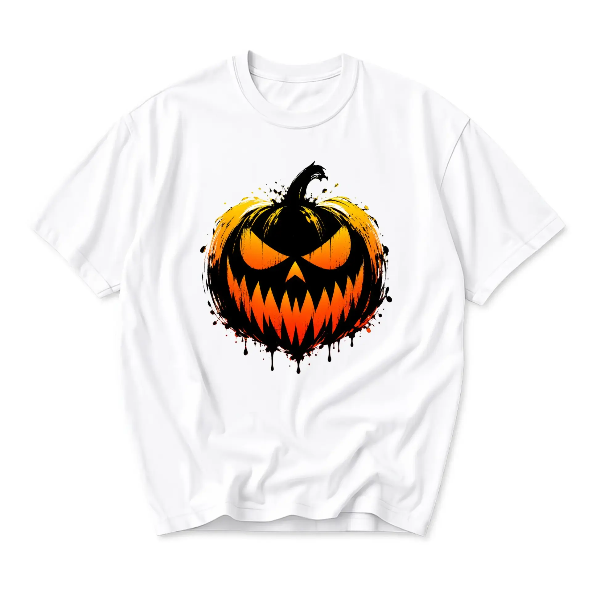 Graphic Tee Unisex Crew Neck T-Shirt Featuring Spooky Halloween Pumpkin Artistic Splatter Print Design White Apparel