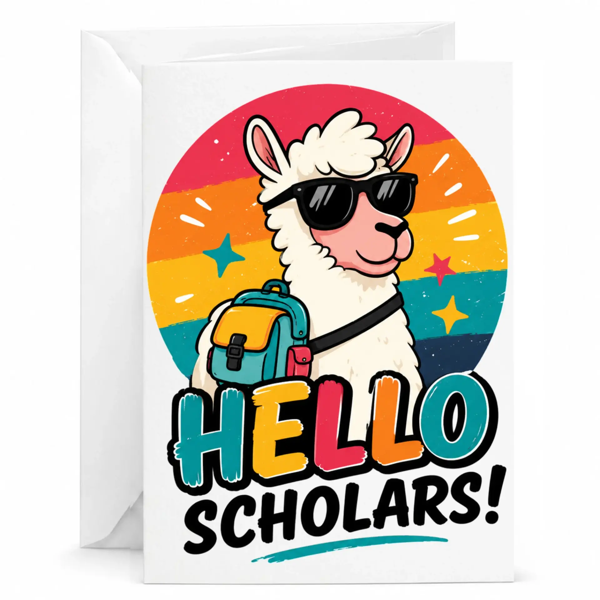 Funny Llama Greeting Card Hello Scholars Retro Design for Friends and Coworkers Blank Note Any
