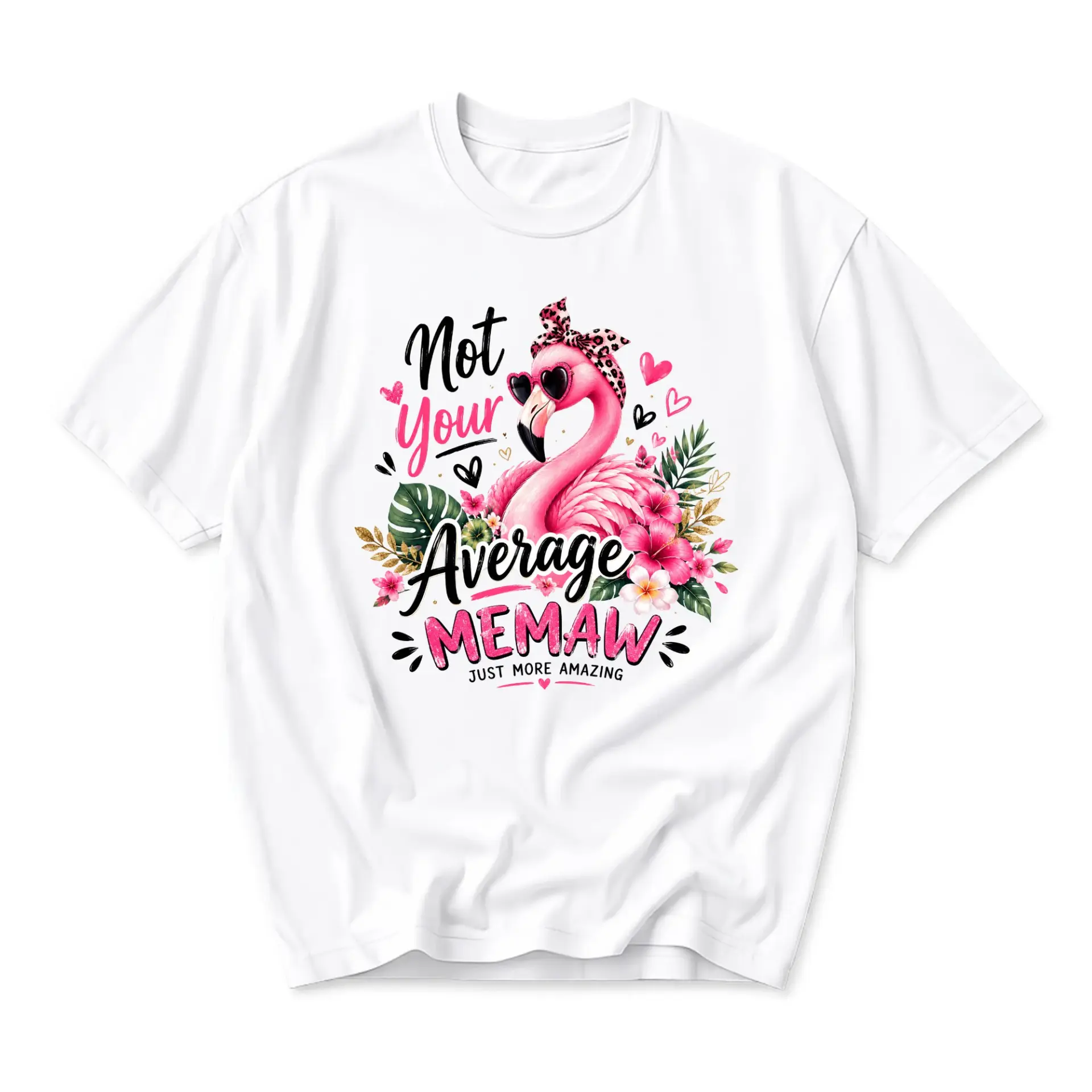 Funny Shirt Memaw Flamingo Graphic Tee Retro Tropical Floral Summer Cotton