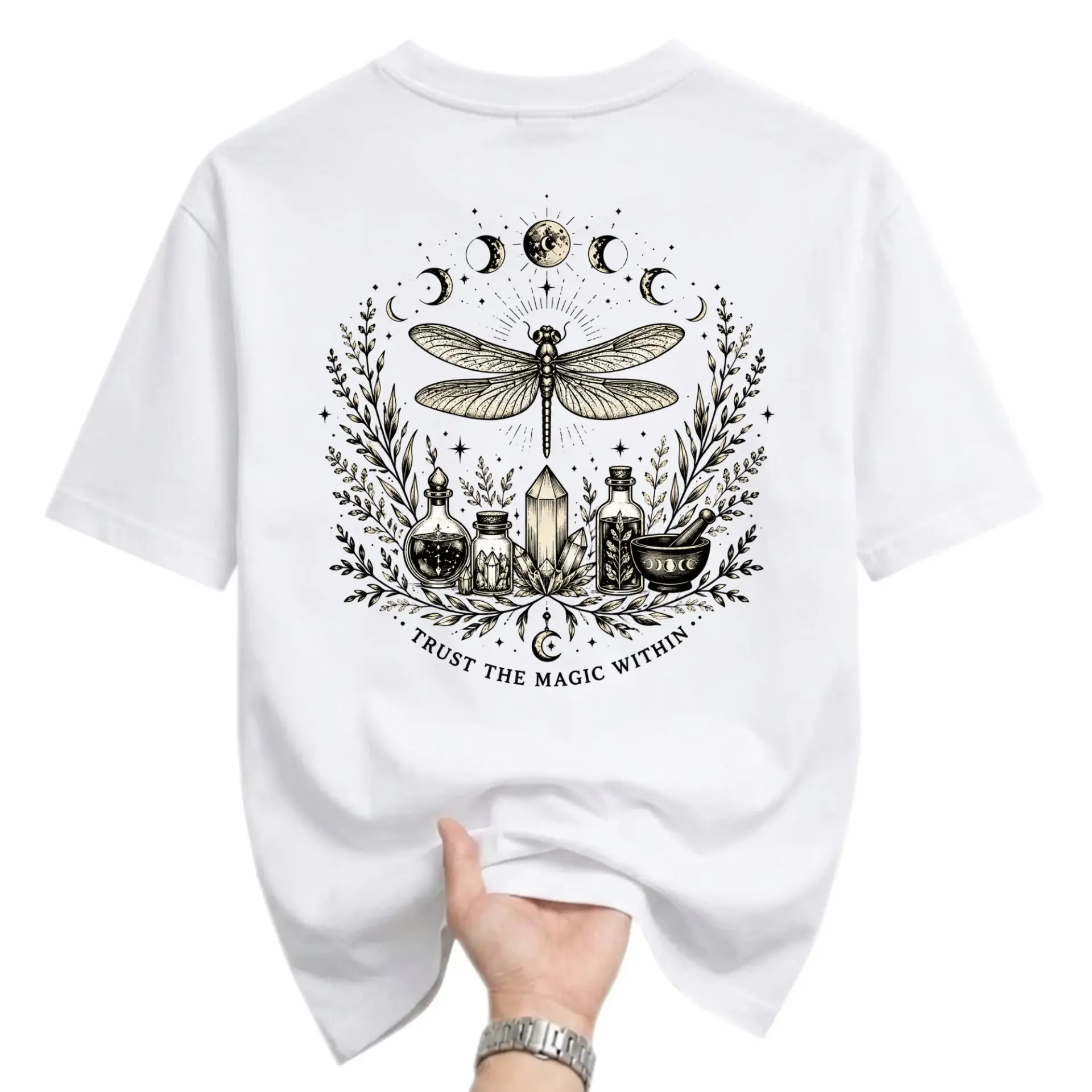 T-shirt Trust the Magic Within Celestial Dragonfly Graphic Tee Casual Short Sleeve Cotton Blend Unisex Crewneck Top