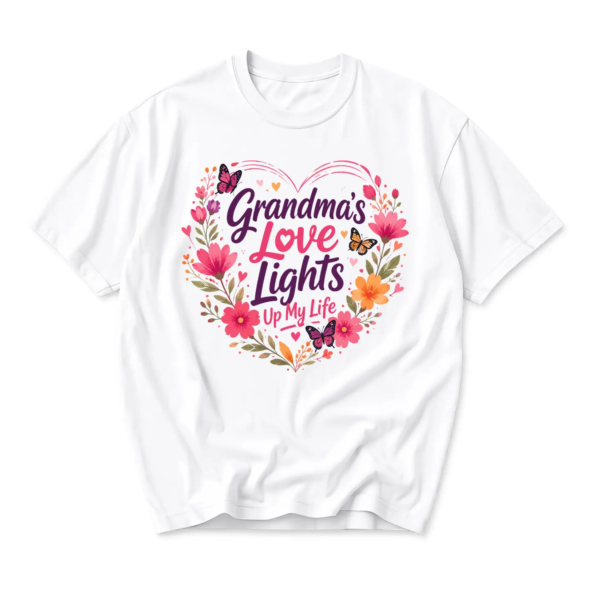 Graphic Tee Grandma's Love Lights up My Life Floral Heart Shirt Butterfly Nature Print Unisex Casual Crew Neck Top