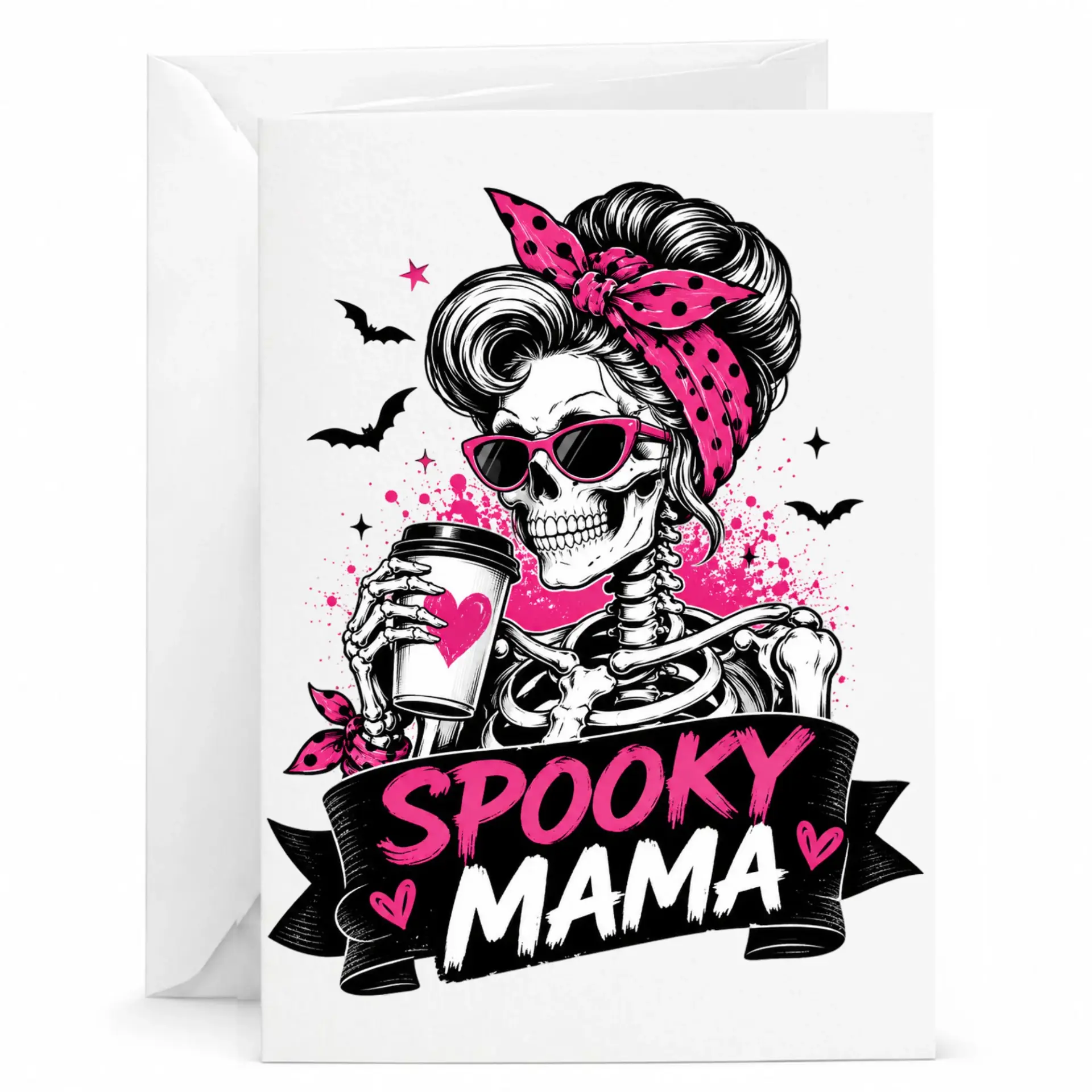 Funny Spooky Mama Greeting Card Retro Skeleton Design Pink Illustration