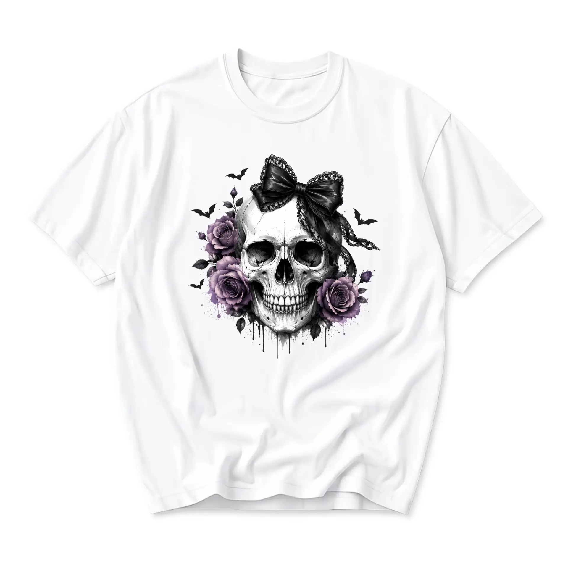 Graphic Tee Unisex Skull with Purple Roses and Bow Print Casual Crew Neck Cotton Blend Short Sleeve Shirt Top