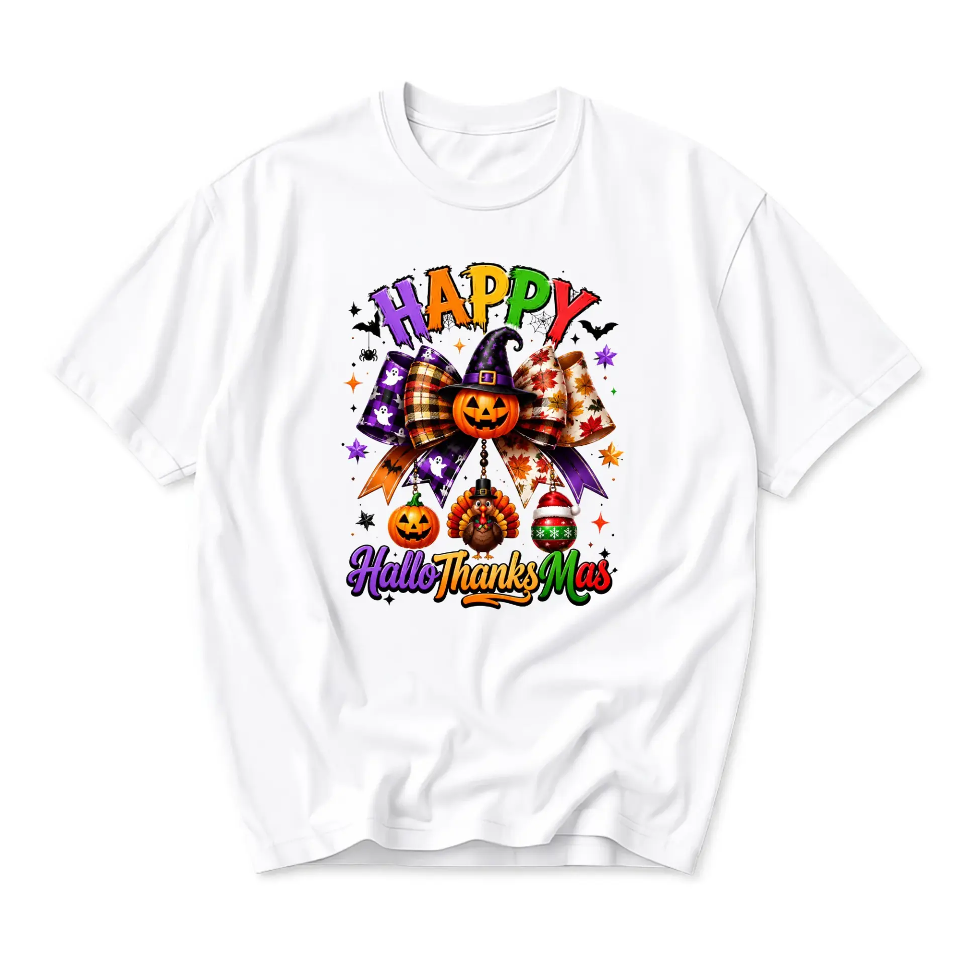 Graphic Tee Happy Hallothanksmas Pumpkin Turkey Ornament Print Unisex Short Sleeve Crew Neck Casual Cotton Shirt