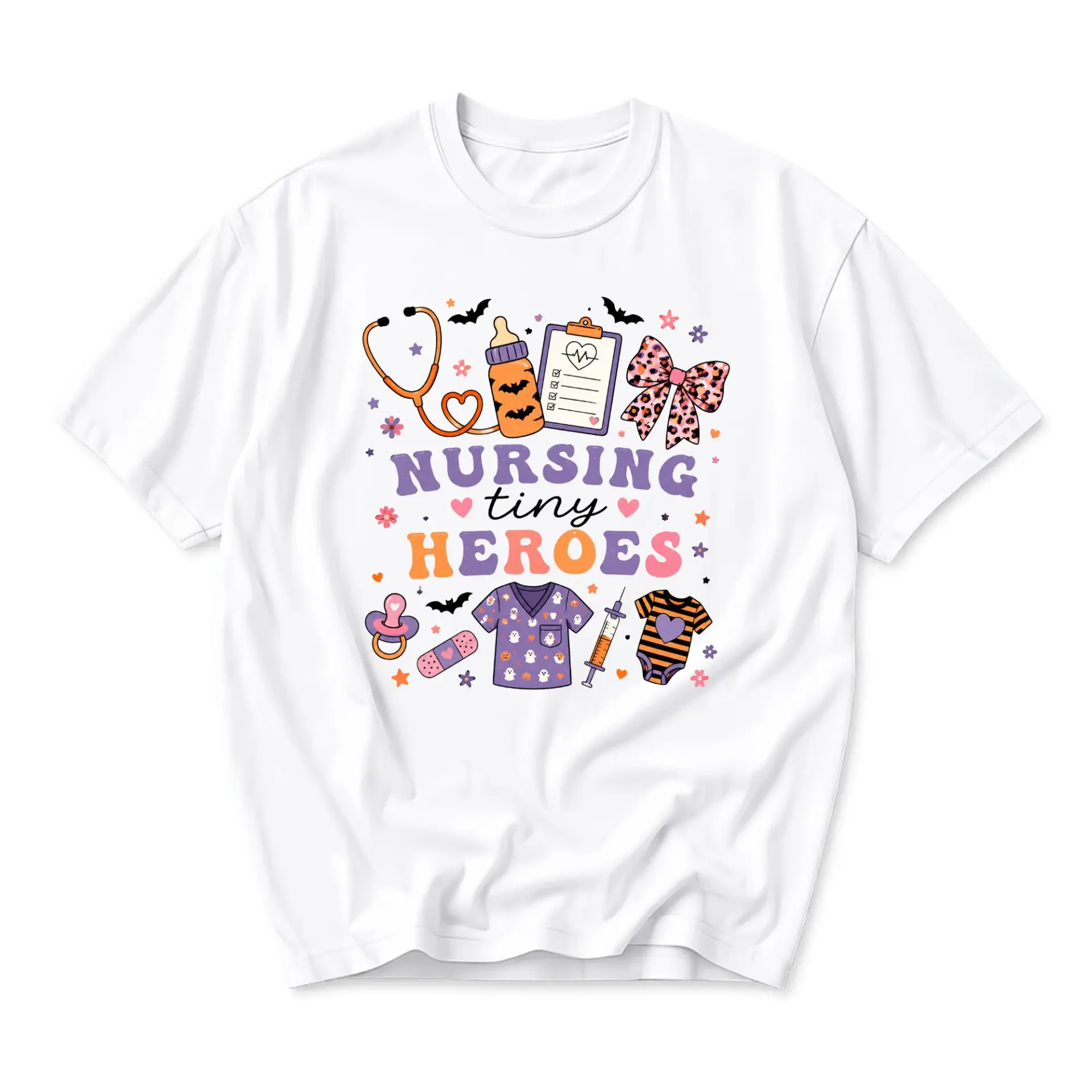 Graphic Tee Nursing Tiny Heroes Apparel Spooky Theme Design Unisex Crew Neck Short Sleeve Cotton Blend Casual Shirt