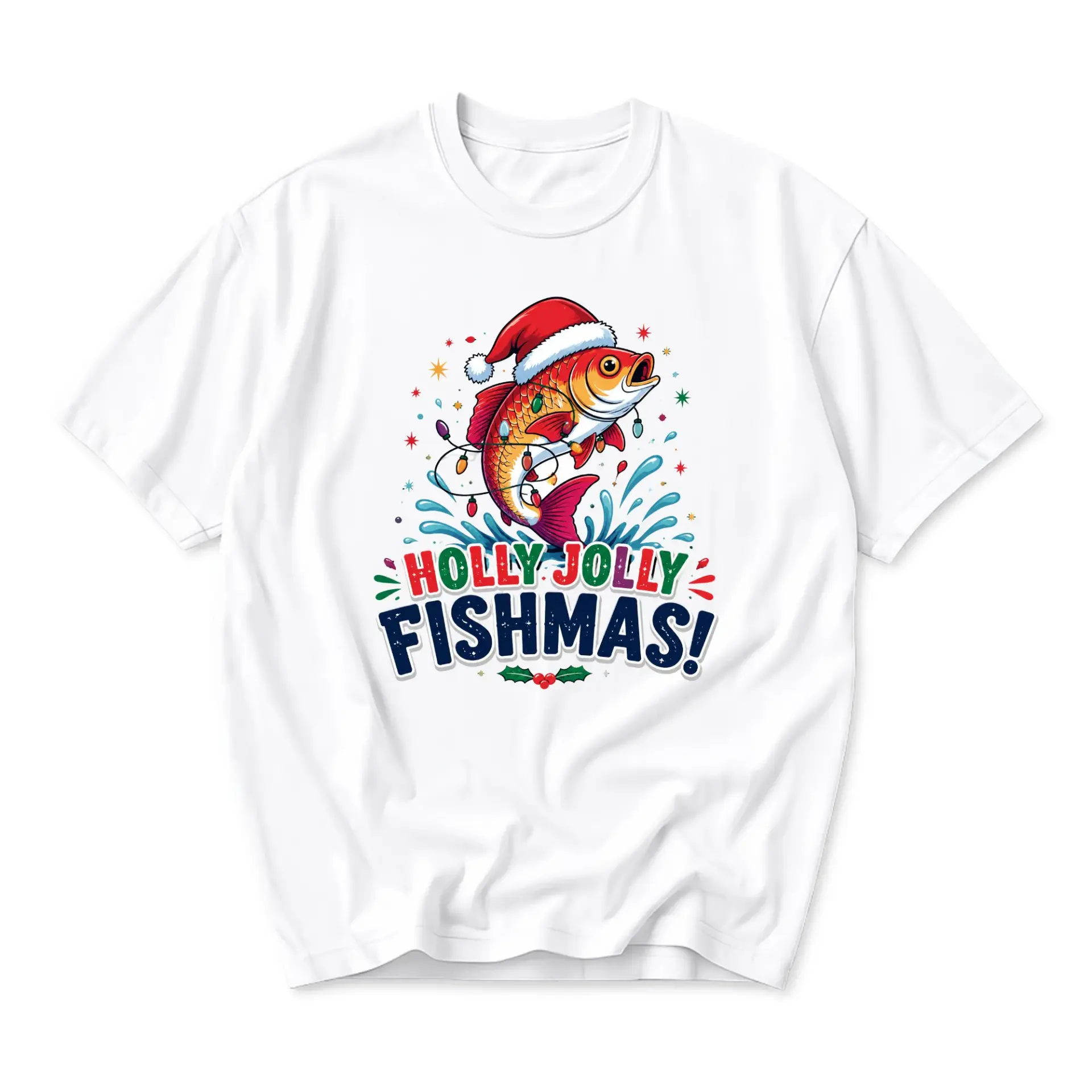 Funny Shirt Fishmas Graphic Tee Unisex Crew Neck Short Sleeve Casual Cotton