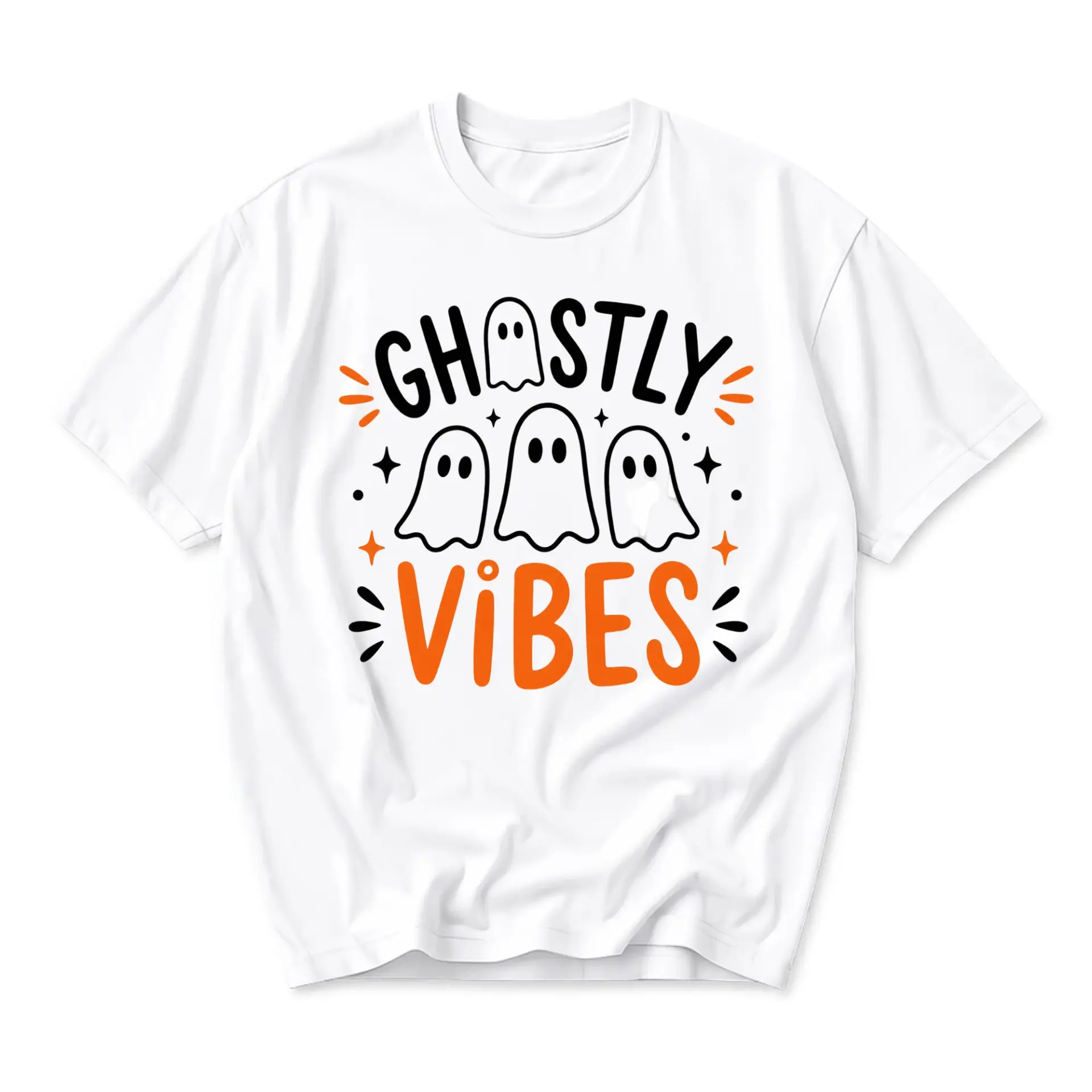 Graphic Tee Ghostly Vibes Halloween Seasonal Print Unisex Casual Crew Neck T-Shirt Soft Breathable Cotton Blend Shirt