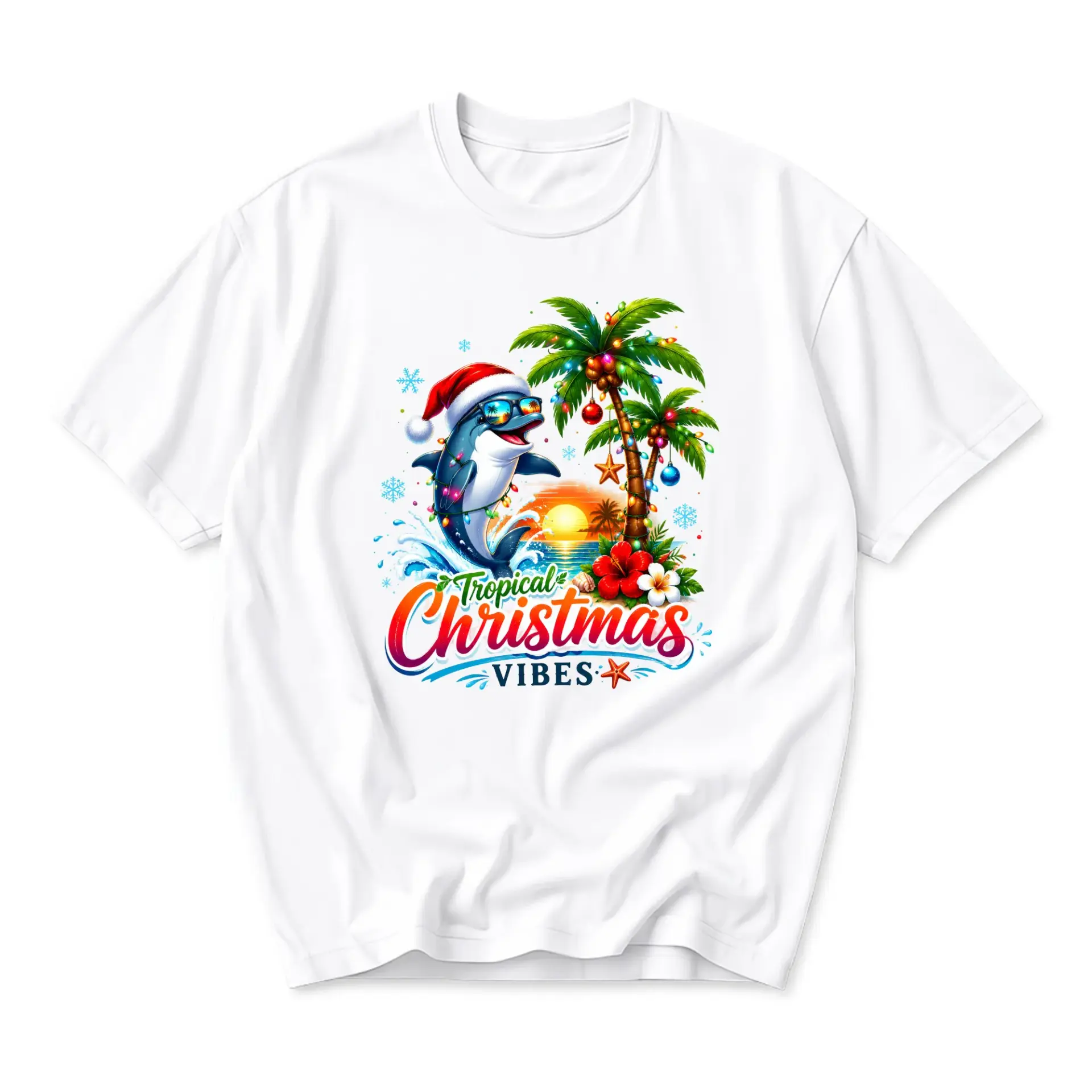 Funny Shirt Tropical Christmas Vibes Dolphin Graphic Tee Unisex Crew Neck Short Sleeve Casual Holiday Apparel White