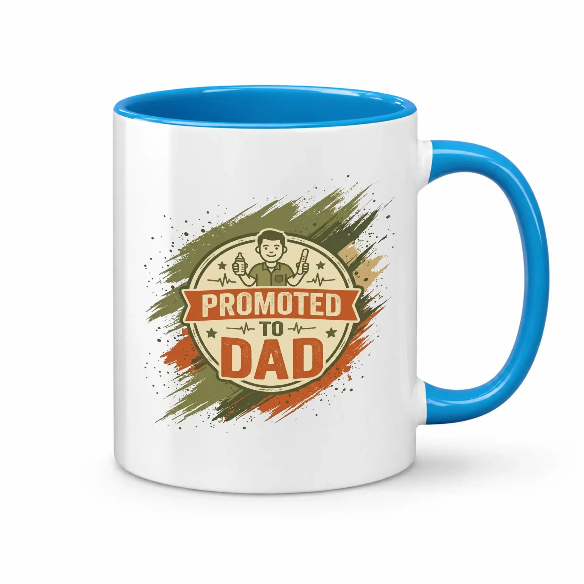 Promoted to Dad Ceramic Coffee Mug Funny Novelty Gift Idea for New Fathers with Bright Blue Accent Handle and Print