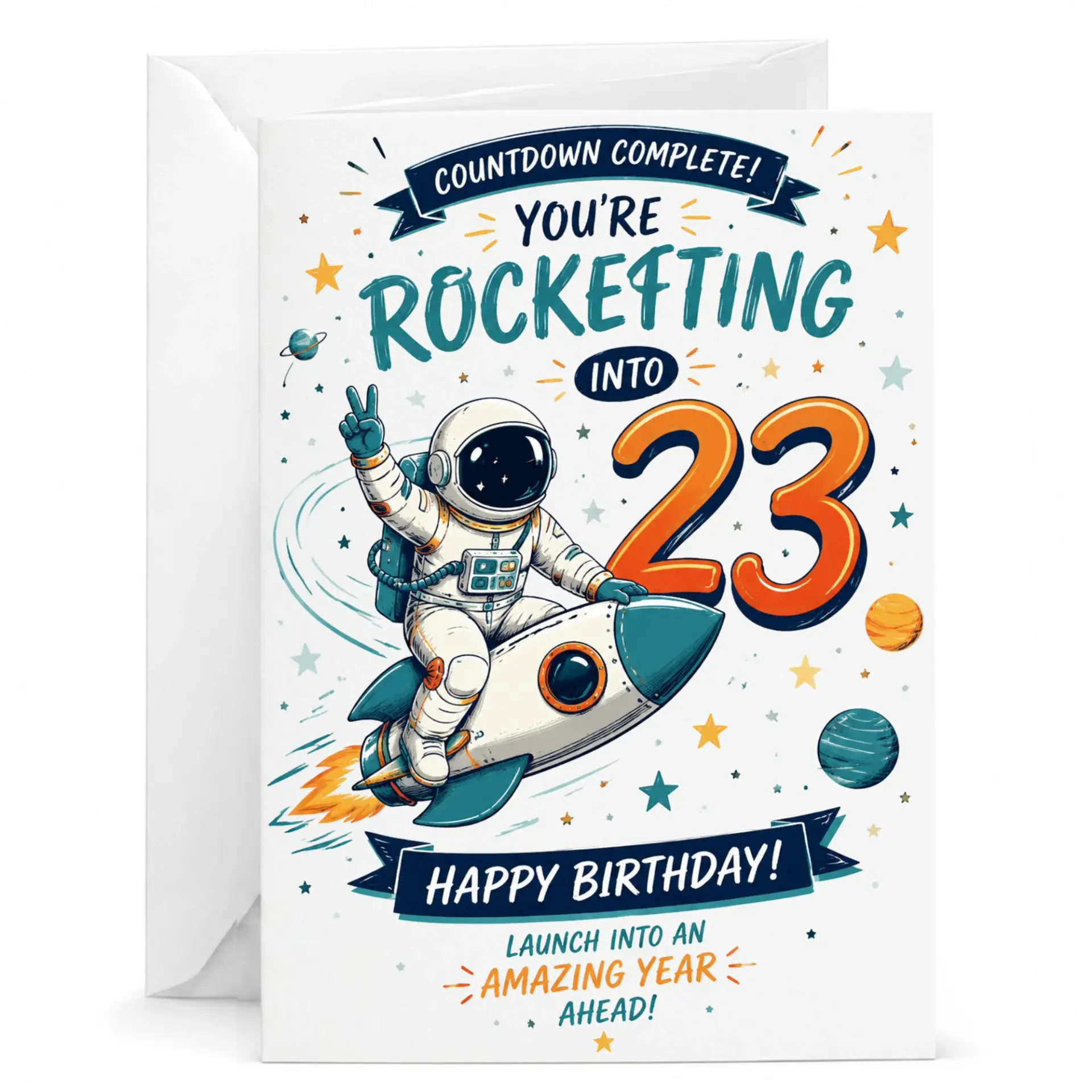 Birthday Card Astronaut Rocket Space Theme Greeting Card for 23rd Birthday Fun Outer Space Illustration Card 5x7 Inches