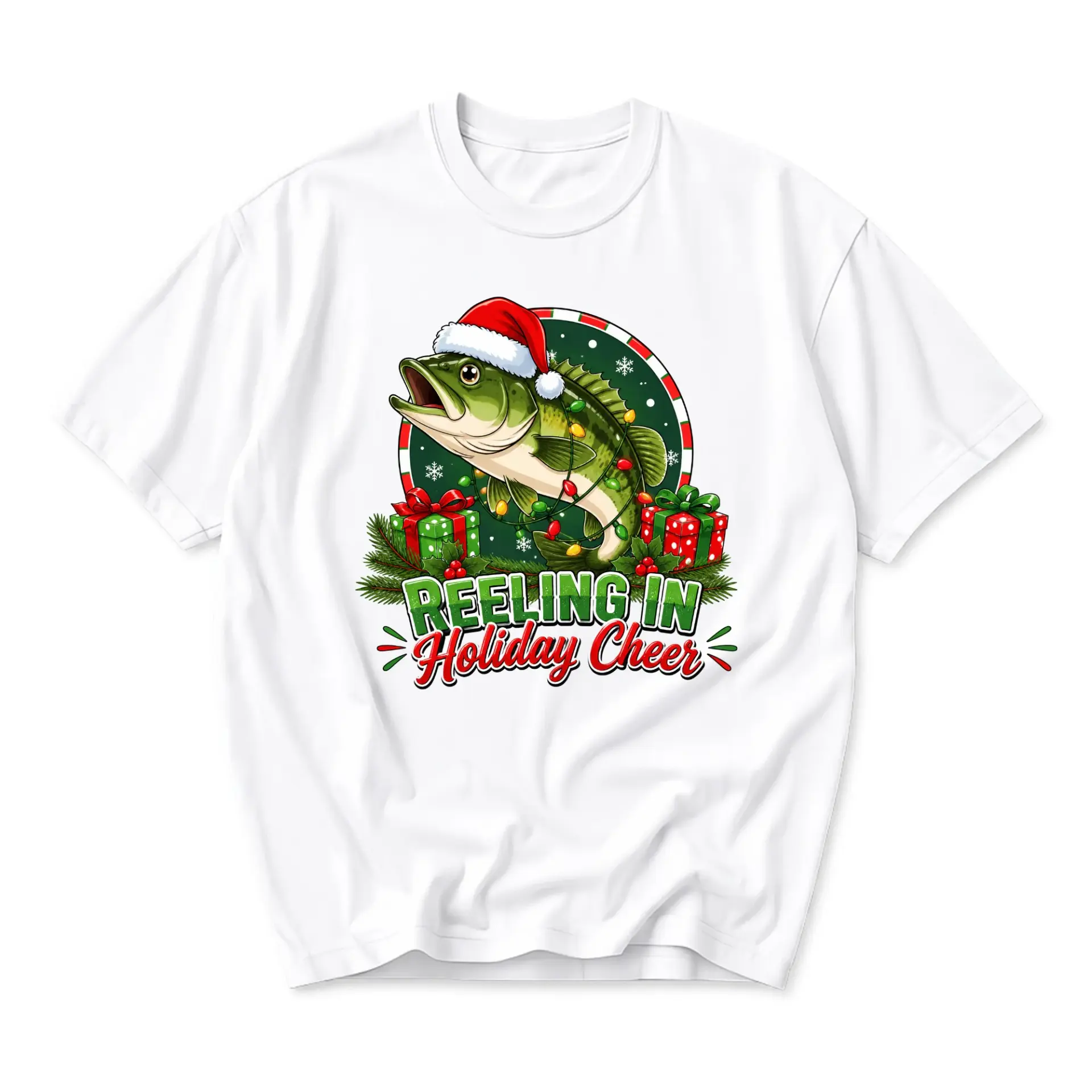 Graphic Tee Reeling in Holiday Cheer Fish Christmas Unisex Crew Neck Casual