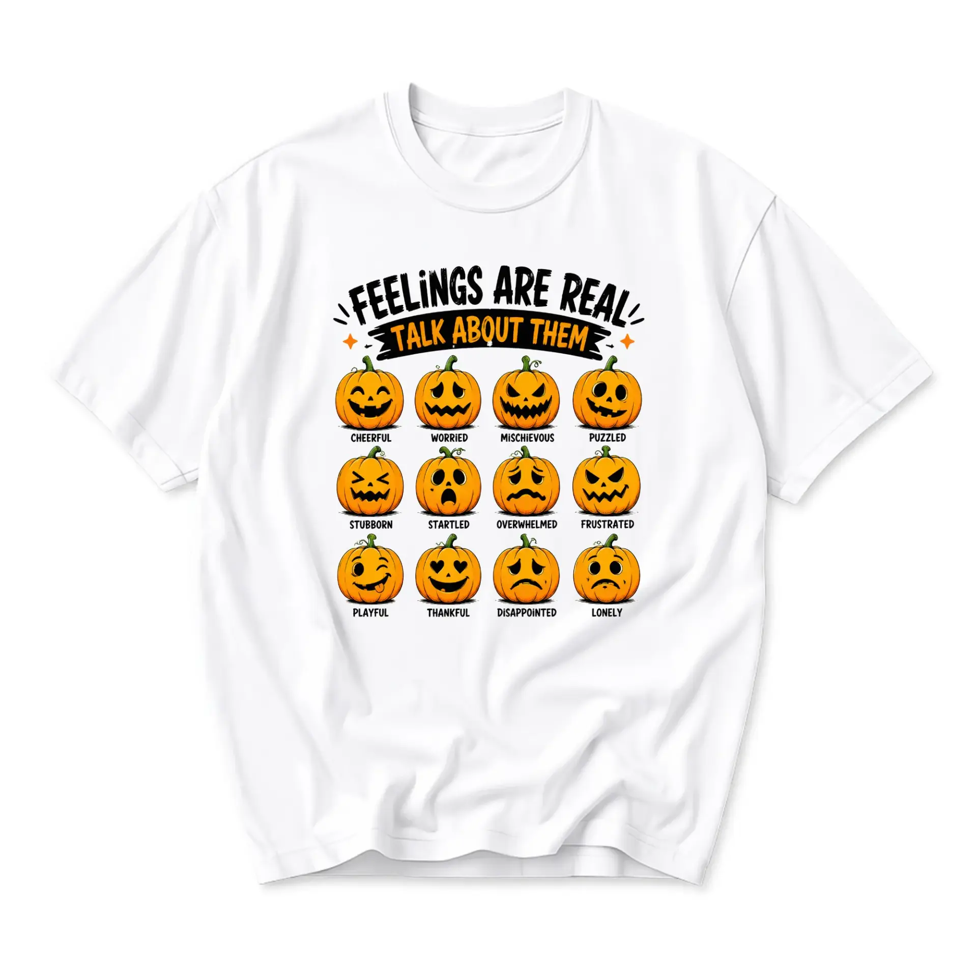 Funny Shirt Feelings Are Real Pumpkin Emotions Graphic Tee Unisex Crew Neck Casual Everyday Wear Soft Cotton Blend