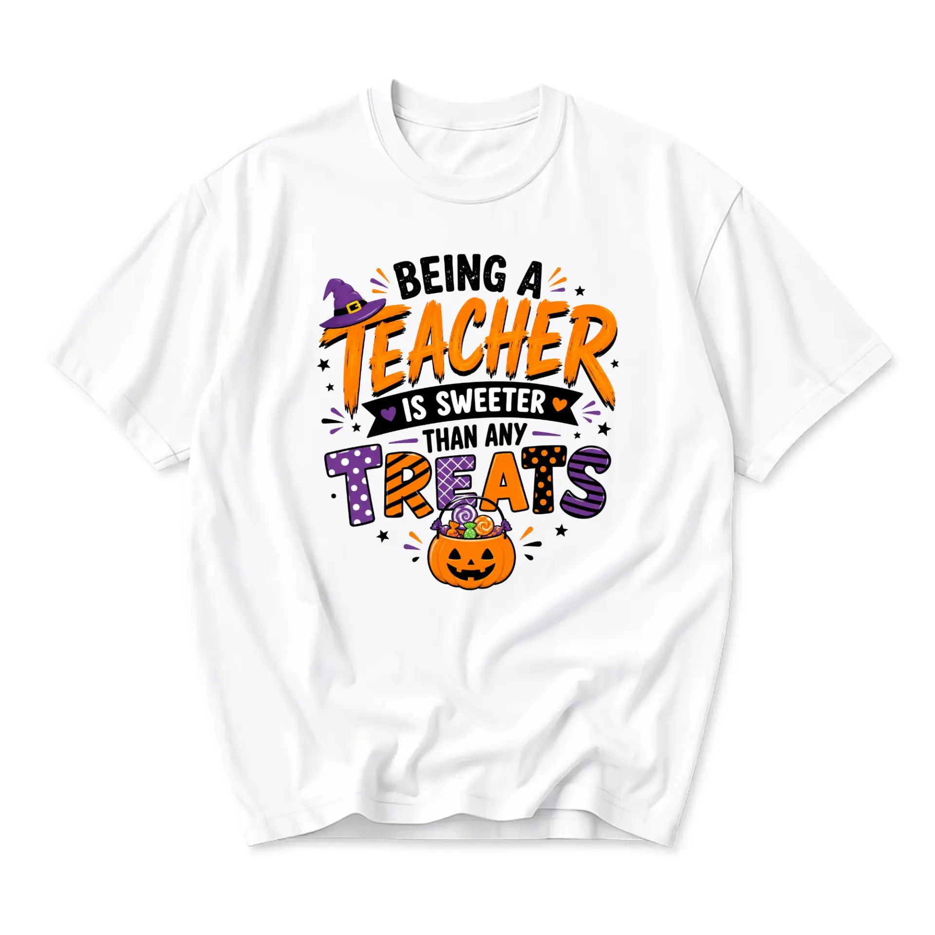 Funny Shirt Being a Teacher Is Sweeter Than Any Treats Halloween Graphic Printed Unisex Crew Neck Casual Tee