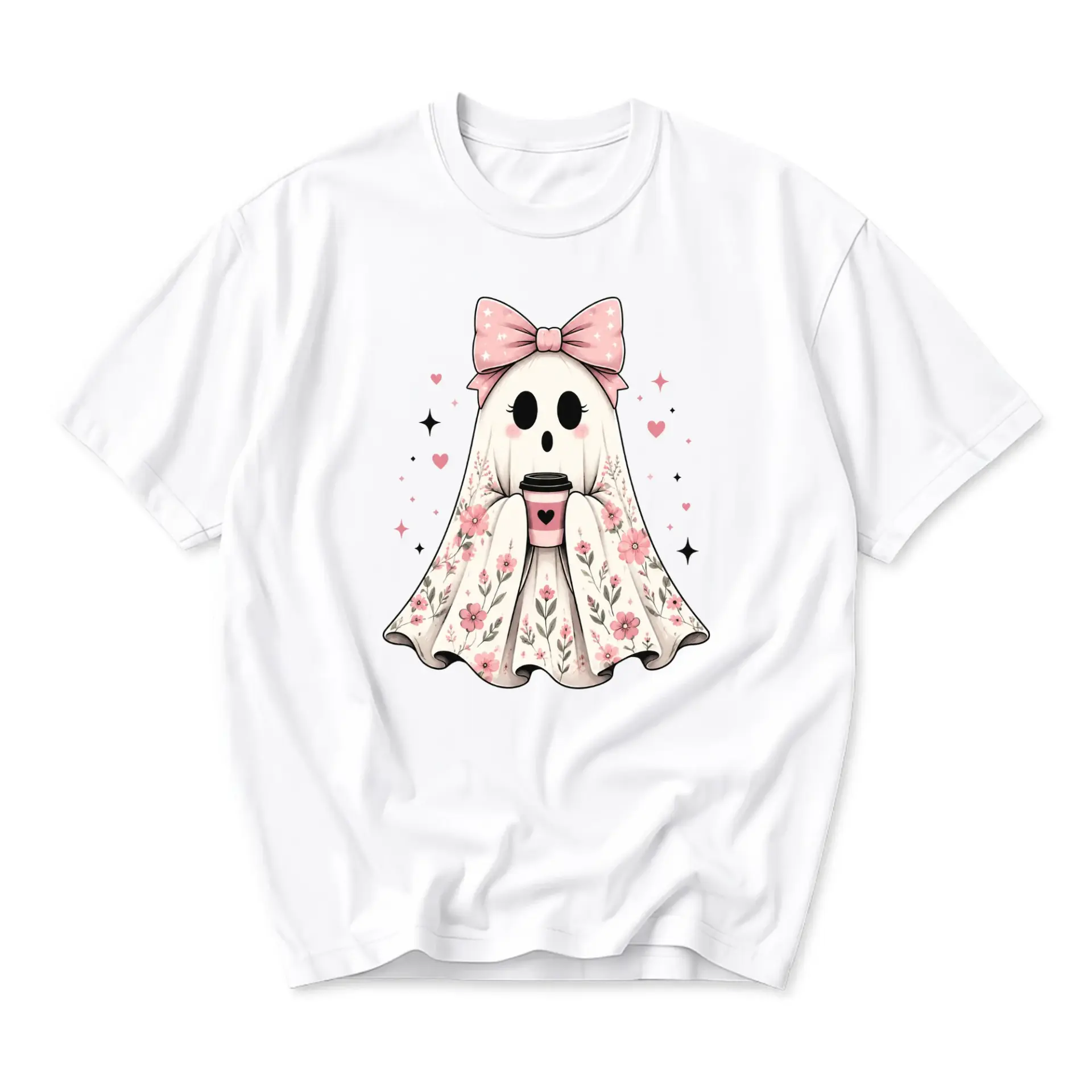 Graphic Tee Cute Ghost Wearing Pink Bow Holding Coffee Cup Floral Aesthetic Unisex Cotton Crew Neck Short Sleeve