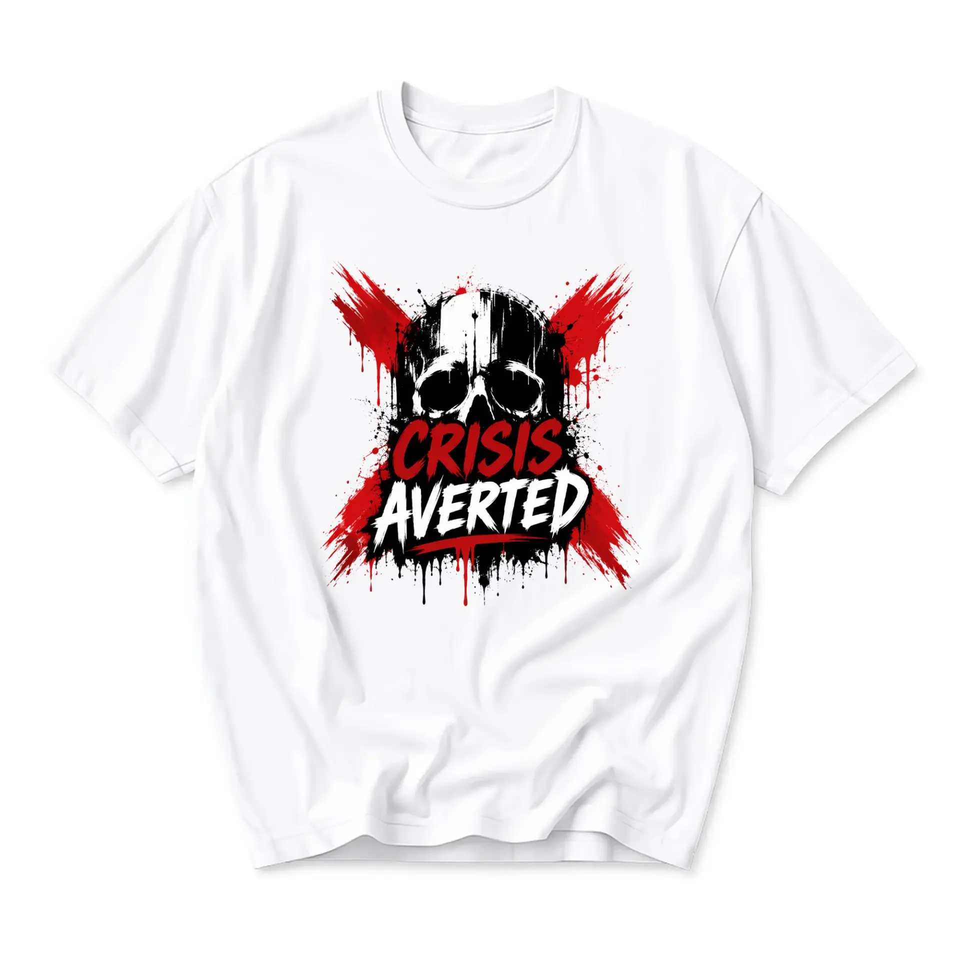 Funny Shirt Crisis Averted Skull Graphic Tee Artistic Urban Style Unisex Crew Neck Casual Cotton Blend Apparel