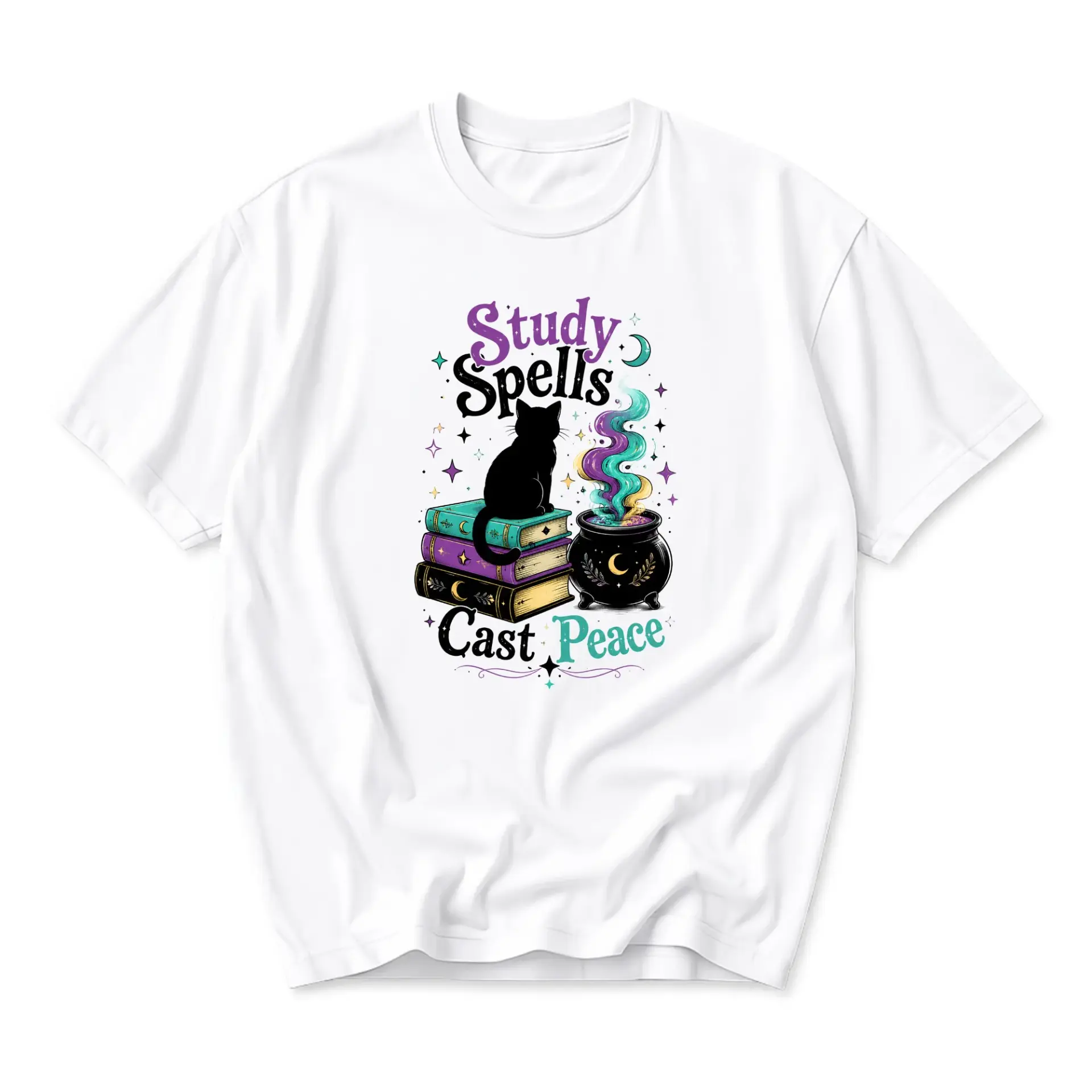 Graphic Tee Unisex Casual Crew Neck T-Shirt Featuring a Celestial Black Cat and Witchy Cauldron Spell Book Design