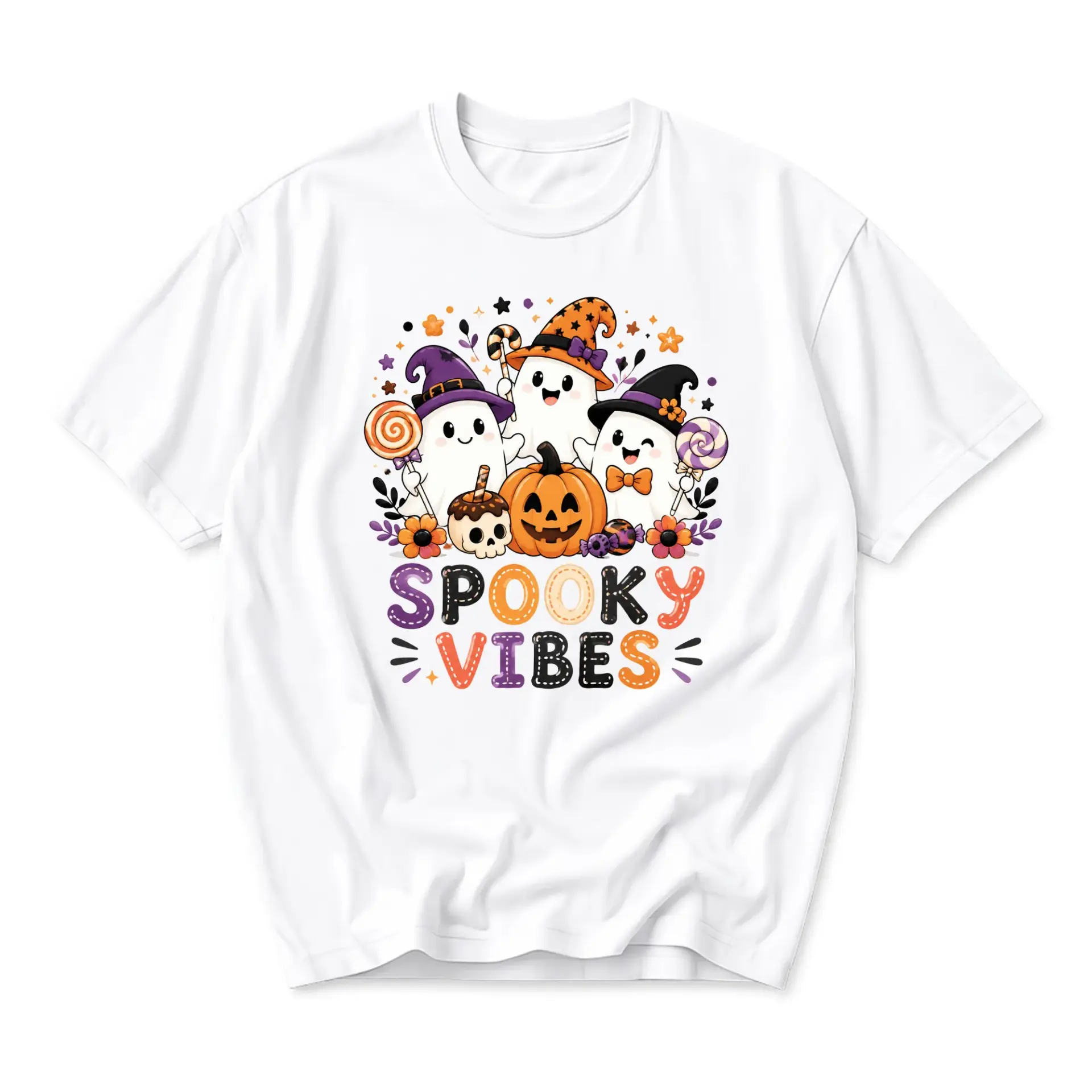 Funny Shirt Spooky Vibes Ghost Halloween T-Shirt Cute Cartoon Pumpkin Graphic Print Unisex Casual Cotton Crew Neck Tee